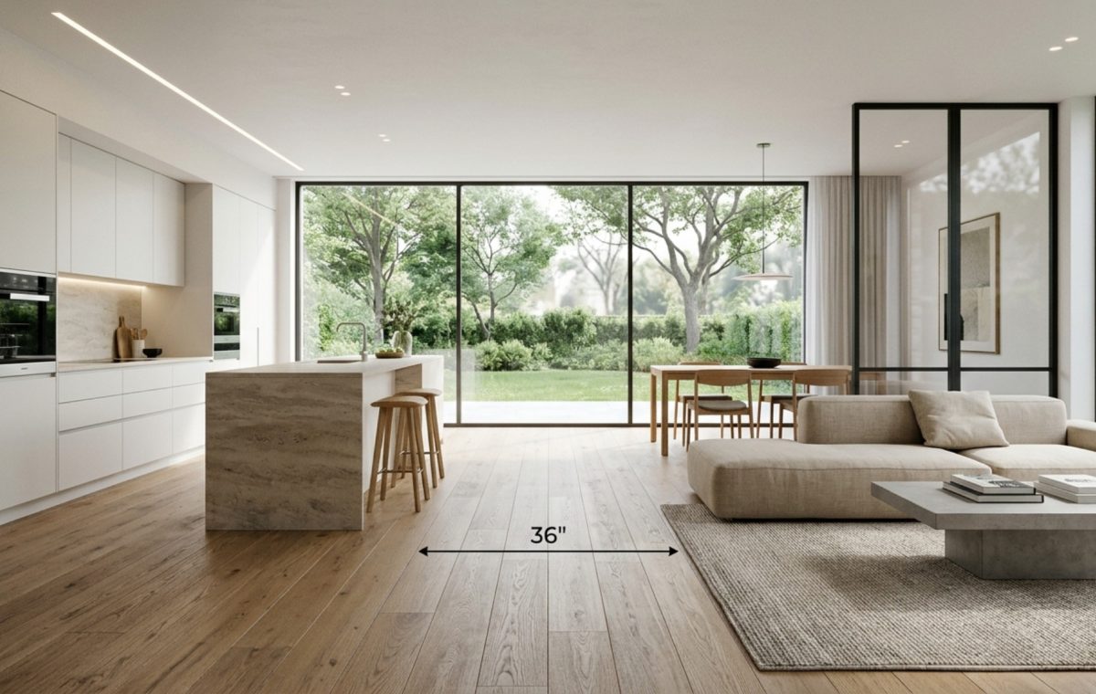 no-cost floor plan creator displaying a wide open-plan living area with 42-inch walkways and framed sightlines toward a sun-drenched garden