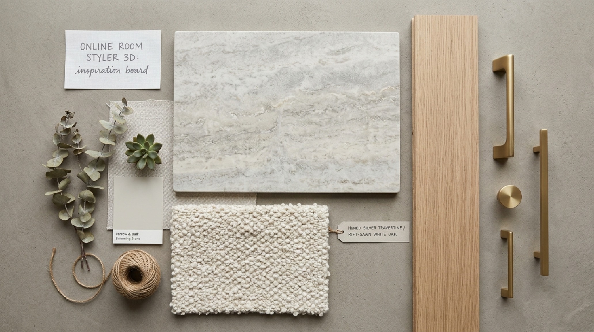 online room styler 3D material study featuring a flat lay of honed silver travertine, bouclé fabric, and rift-sawn white oak samples online room styler 3D material study featuring a flat lay of honed silver travertine, bouclé fabric, and rift-sawn white oak samples