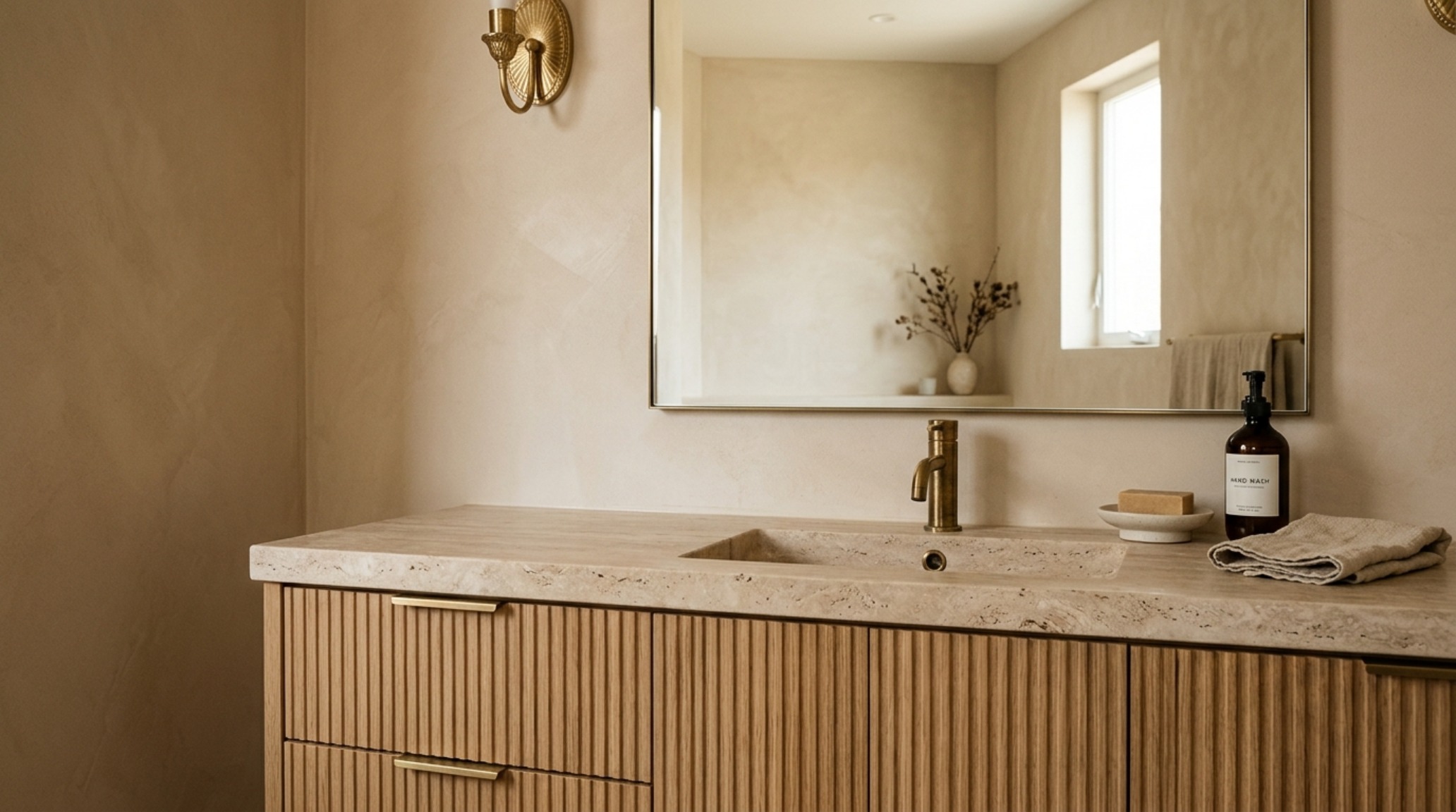 free 3D home renderer close-up of a fluted white oak vanity with a 2700K warm glow reflecting off a polished brass faucet free 3D home renderer close-up of a fluted white oak vanity with a 2700K warm glow reflecting off a polished brass faucet