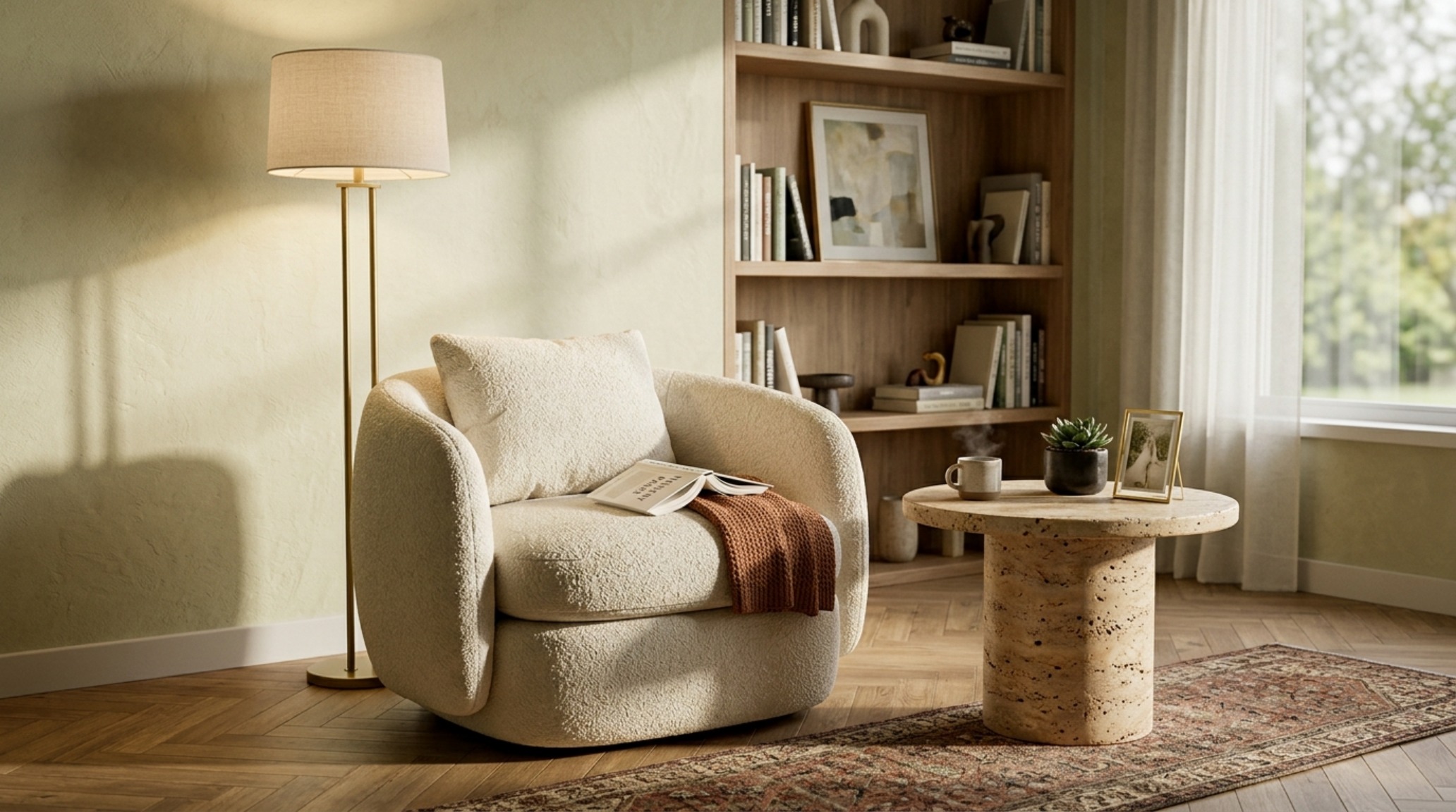 online room styler 3D vignette of a reading nook with a low-slung lounge chair and 18-inch reach to a monolithic stone side table online room styler 3D vignette of a reading nook with a low-slung lounge chair and 18-inch reach to a monolithic stone side table
