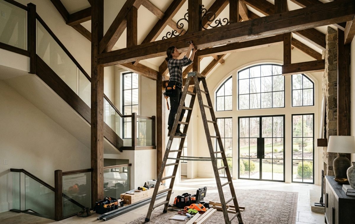 how to hang decorations from high ceilings using professional A-frame ladders and discrete eye-bolts in a double-height foyer with Swiss Coffee walls