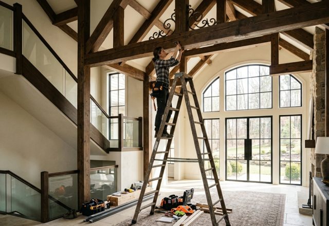 how to hang decorations from high ceilings using professional A-frame ladders and discrete eye-bolts in a double-height foyer with Swiss Coffee walls