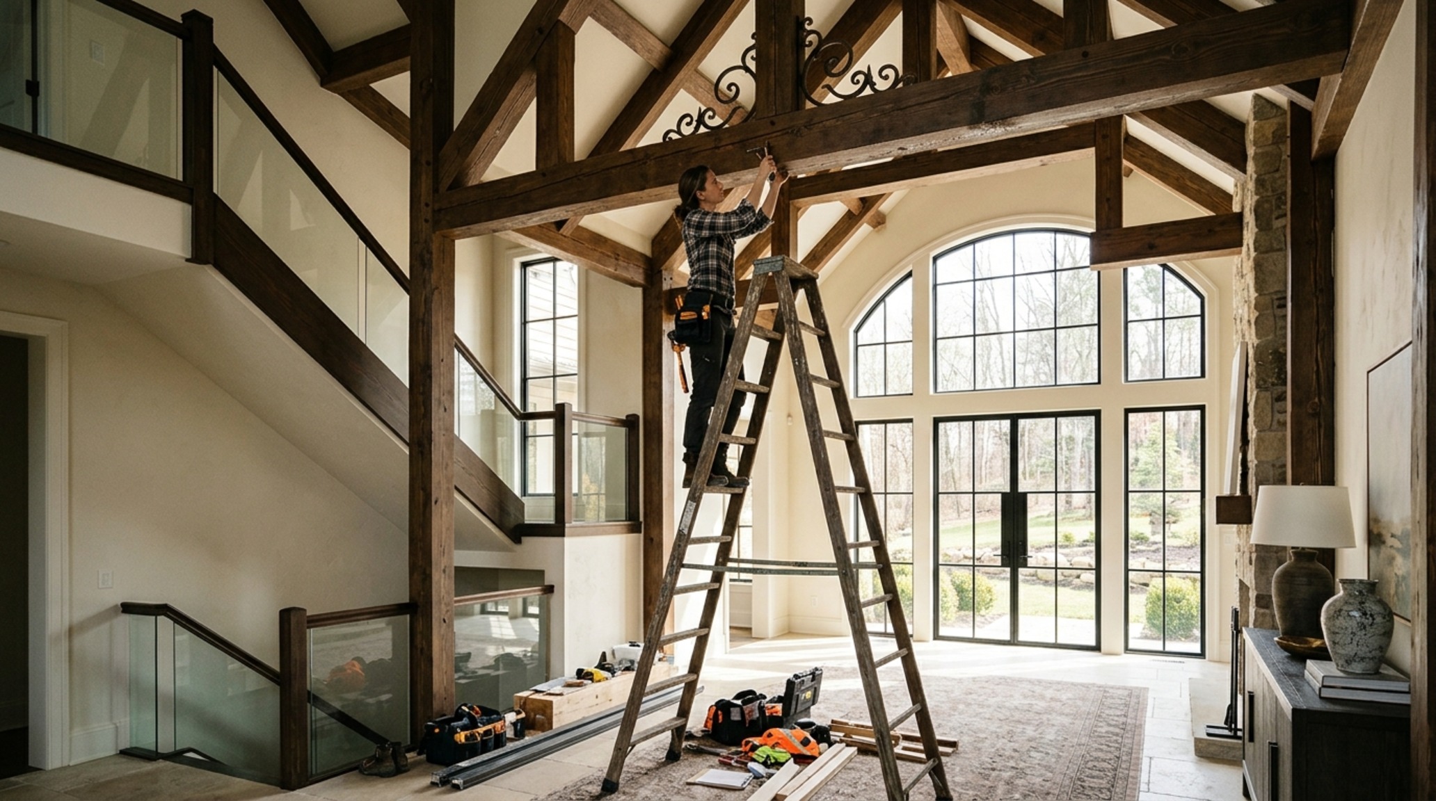 how to hang decorations from high ceilings using professional A-frame ladders and discrete eye-bolts in a double-height foyer with Swiss Coffee walls how to hang decorations from high ceilings using professional A-frame ladders and discrete eye-bolts in a double-height foyer with Swiss Coffee walls