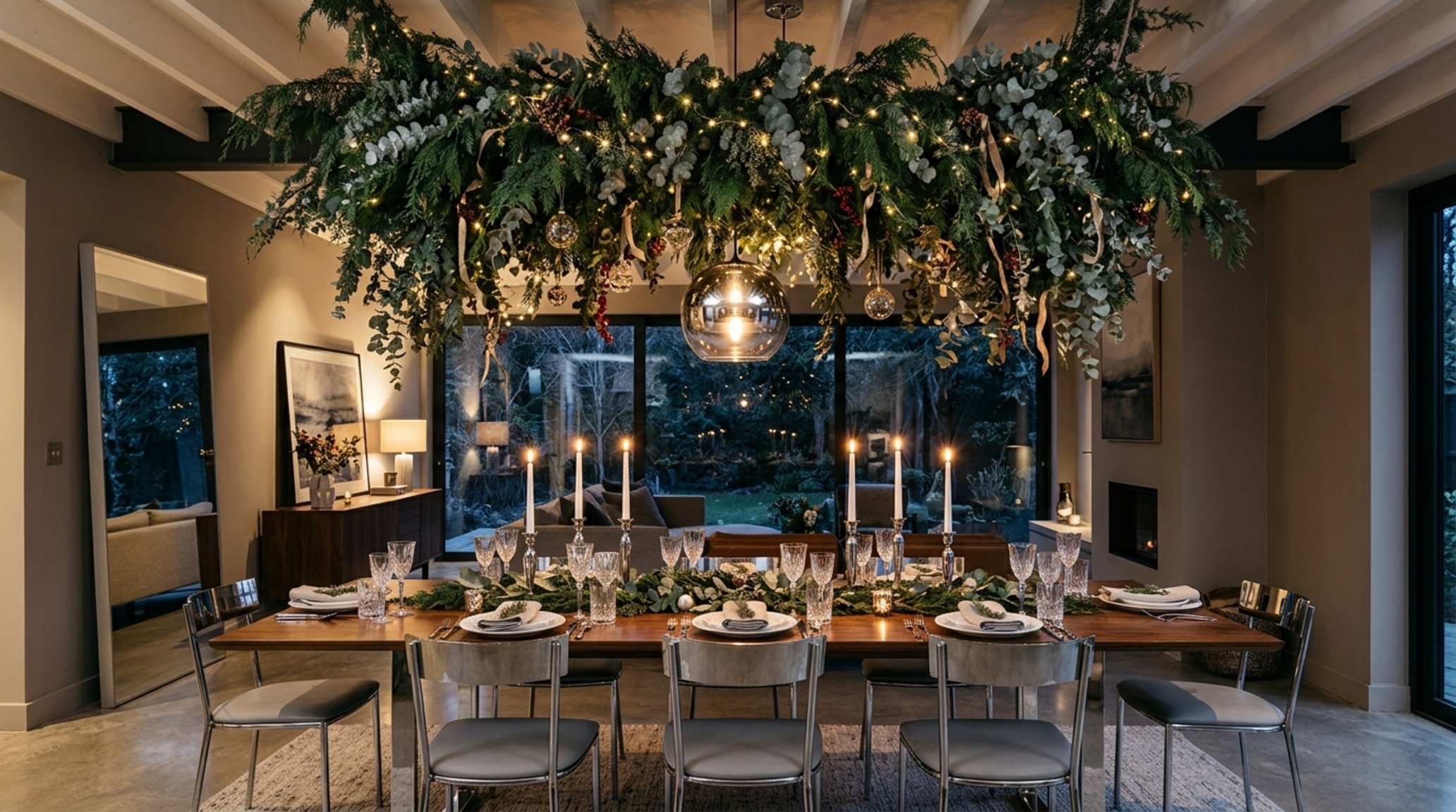 christmas ceiling canopy of fresh cedar and silver eucalyptus suspended via tension wires over a minimalist dining table with 30-inch chair clearances christmas ceiling canopy of fresh cedar and silver eucalyptus suspended via tension wires over a minimalist dining table with 30-inch chair clearances