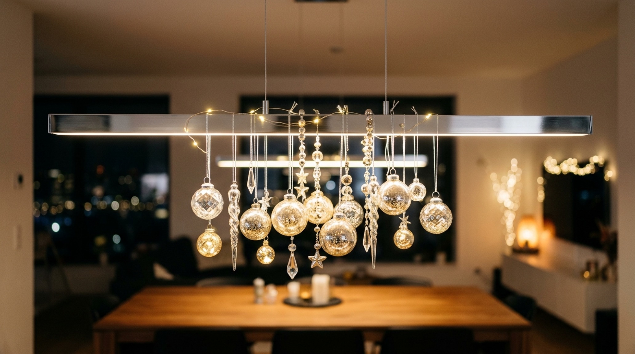 festive chandelier styling on a modern brass fixture with chrome-mas ornaments and 2700K warm ambient LED bulbs in a high-ceilinged living room festive chandelier styling on a modern brass fixture with chrome-mas ornaments and 2700K warm ambient LED bulbs in a high-ceilinged living room