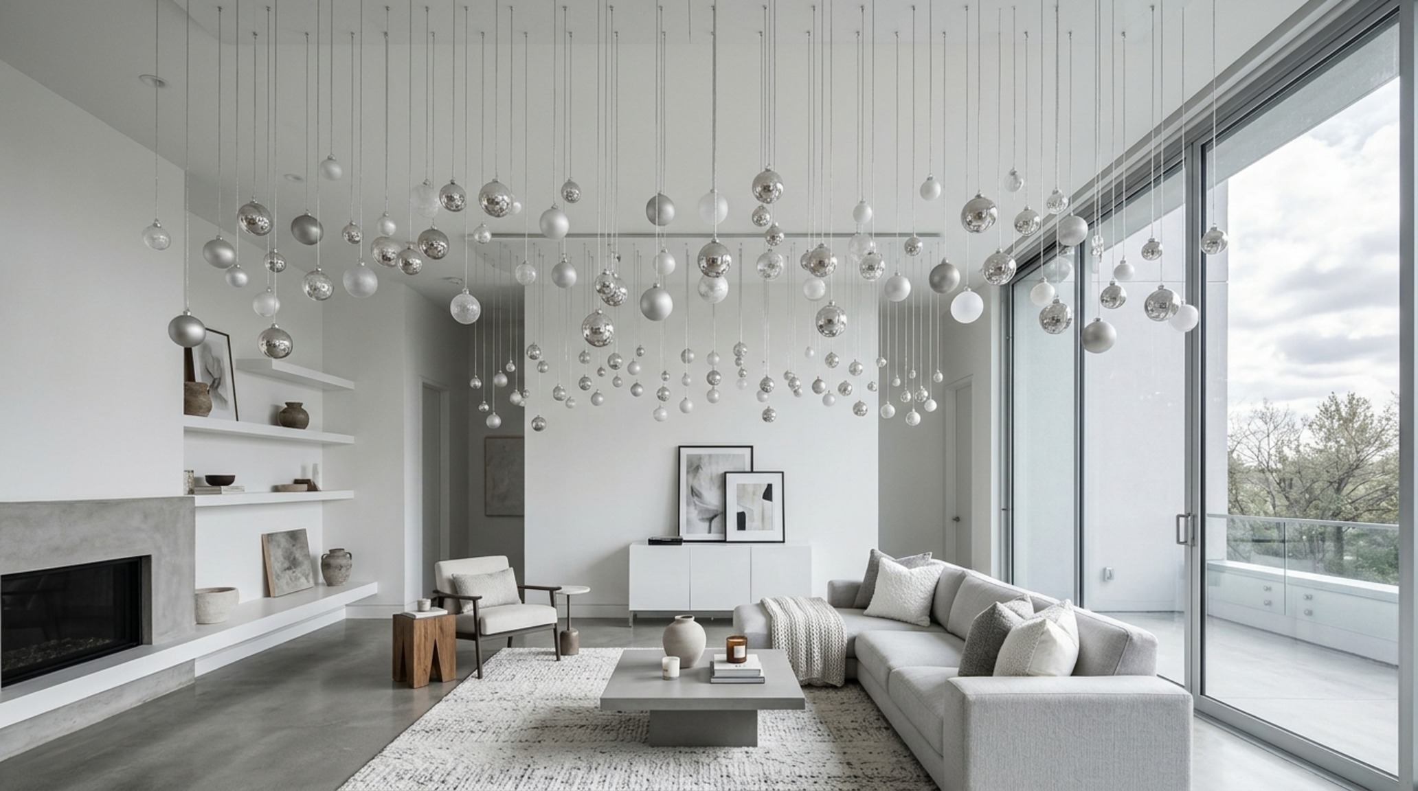 hanging baubles from ceiling joists at staggered heights in shades of pearl and matte white against a dark Farrow and Ball Railings accent wall hanging baubles from ceiling joists at staggered heights in shades of pearl and matte white against a dark Farrow and Ball Railings accent wall