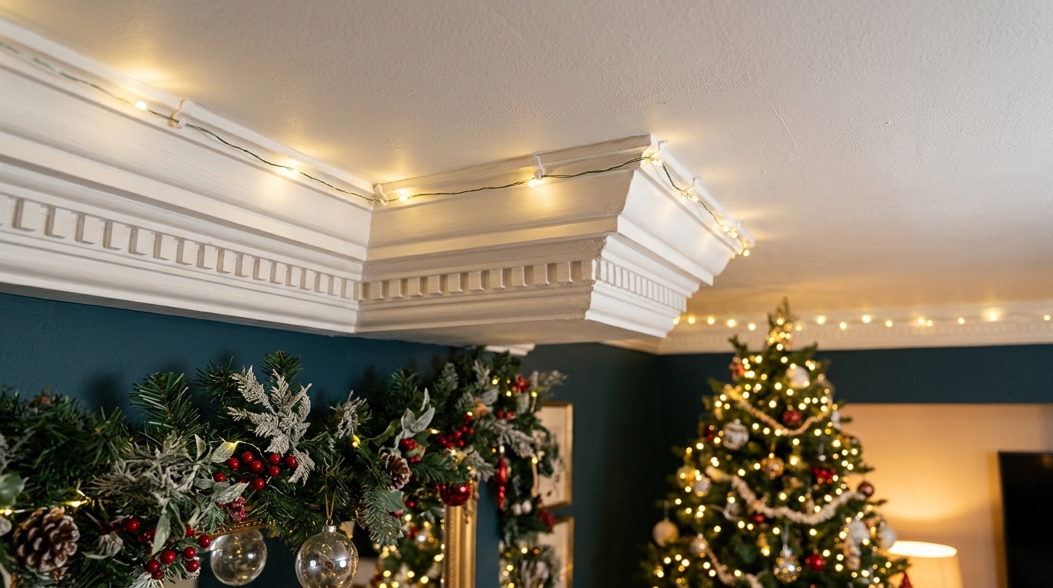 removable ceiling hooks for christmas supporting a lightweight light-up garland along a crown molding junction in a contemporary bedroom removable ceiling hooks for christmas supporting a lightweight light-up garland along a crown molding junction in a contemporary bedroom