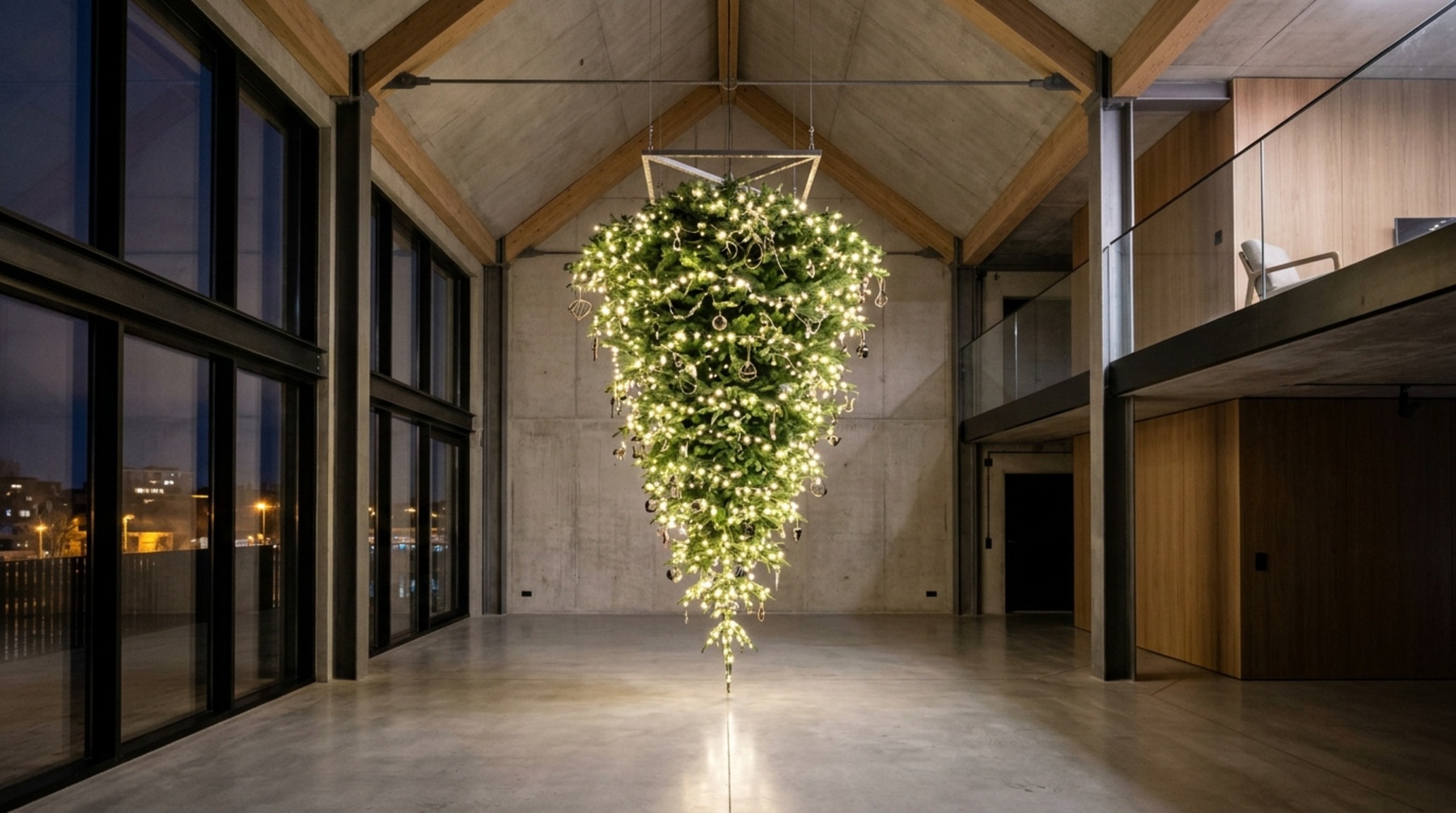 upside down christmas tree secured to a structural ceiling joist with heavy-duty lag bolts in a modern urban apartment with open floor space upside down christmas tree secured to a structural ceiling joist with heavy-duty lag bolts in a modern urban apartment with open floor space