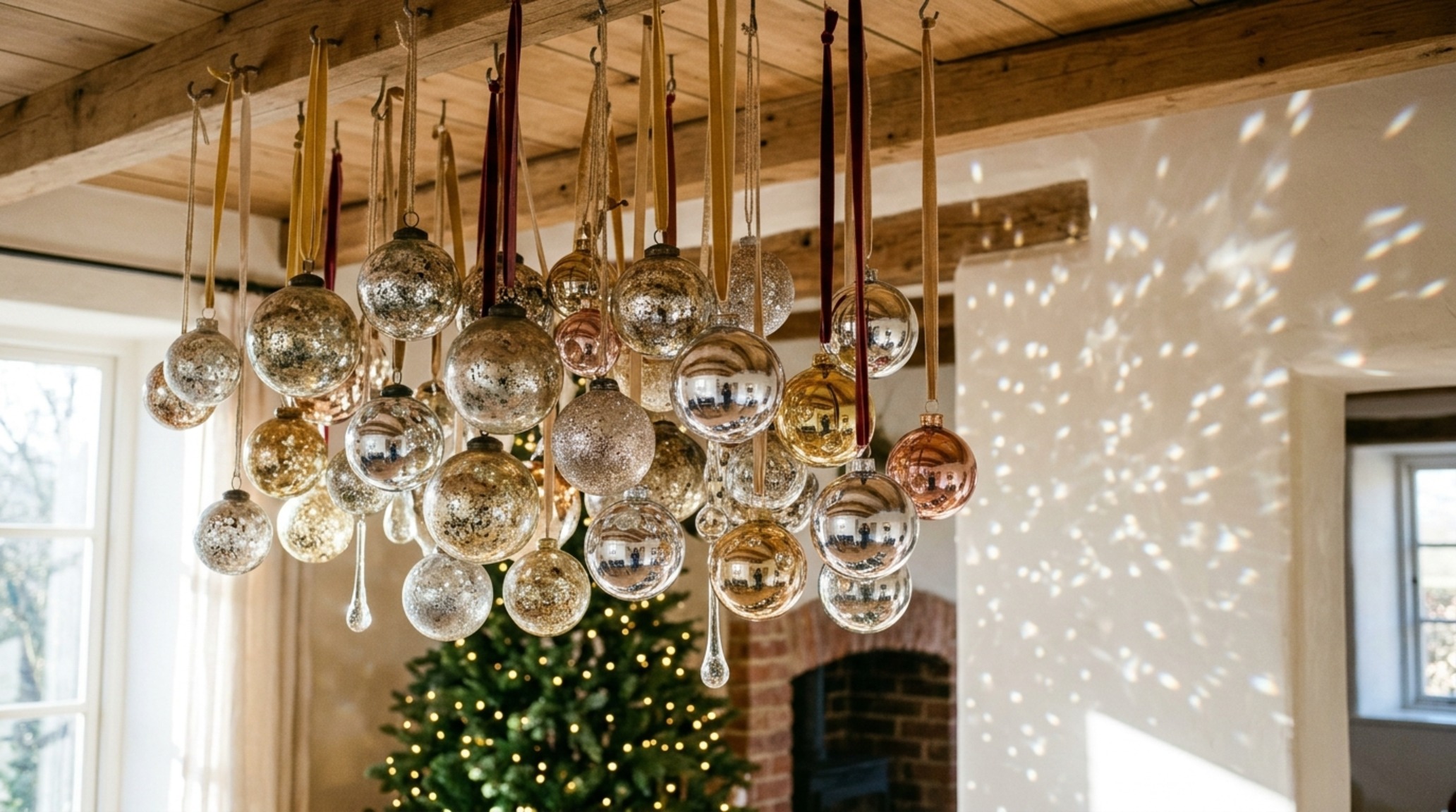 hanging baubles from ceiling using invisible 22lb monofilament to create a floating kinetic sculpture in a sunlit architectural void hanging baubles from ceiling using invisible 22lb monofilament to create a floating kinetic sculpture in a sunlit architectural void