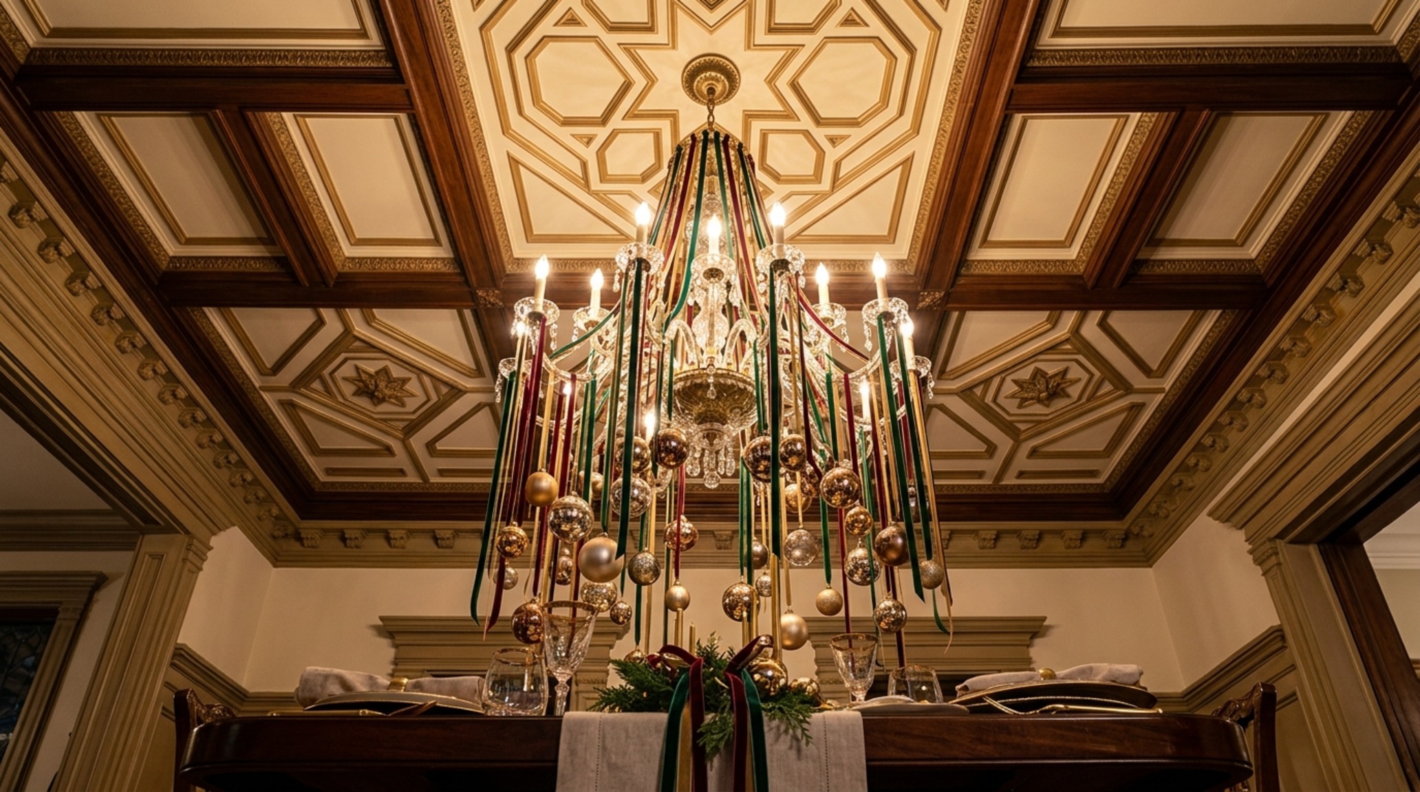 festive chandelier styling featuring delicate glass droplets and velvet ribbons that maintain 60-inch clearance over a honed travertine dining table festive chandelier styling featuring delicate glass droplets and velvet ribbons that maintain 60-inch clearance over a honed travertine dining table