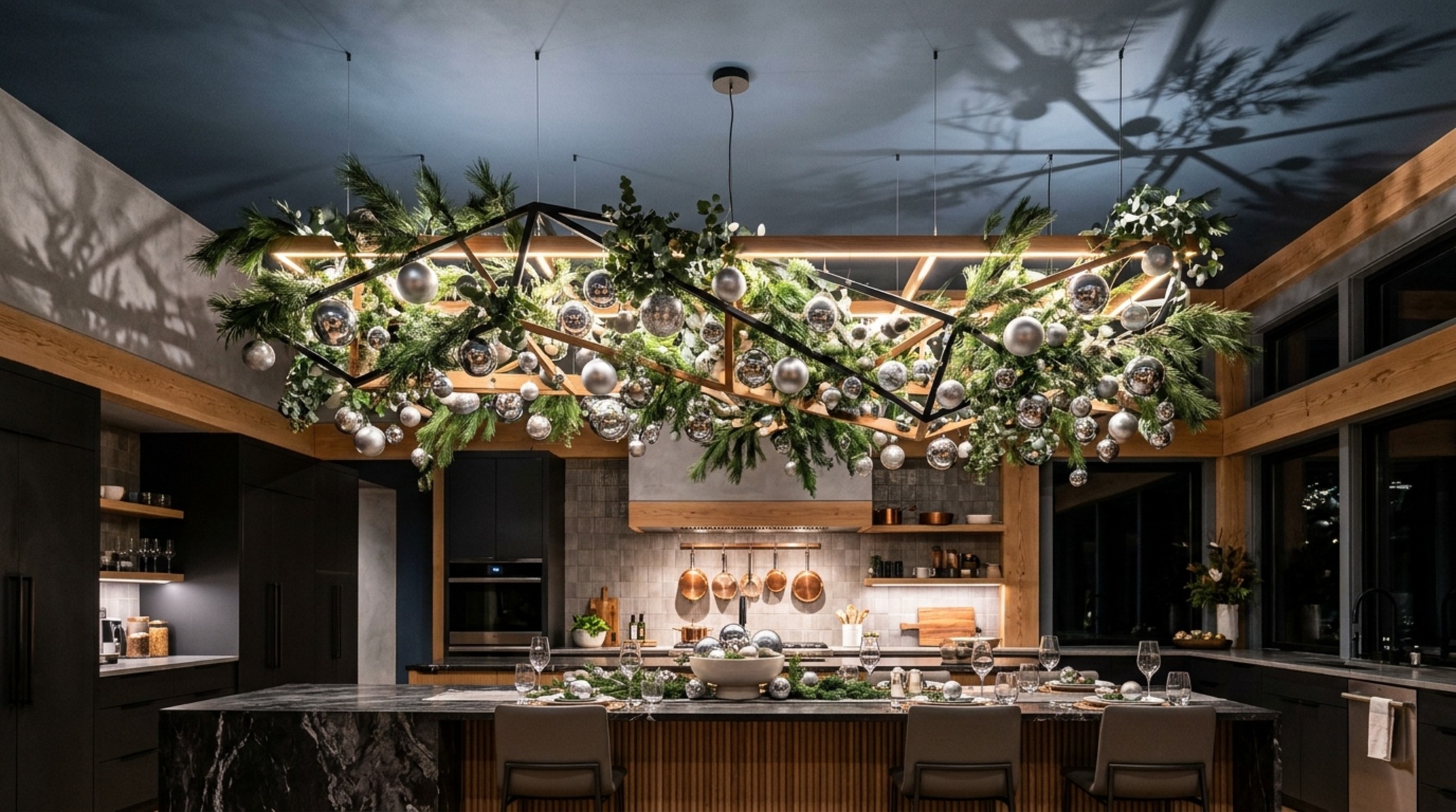 christmas ceiling canopy in a modernist kitchen with fluted white oak cabinetry and integrated directional task lighting christmas ceiling canopy in a modernist kitchen with fluted white oak cabinetry and integrated directional task lighting