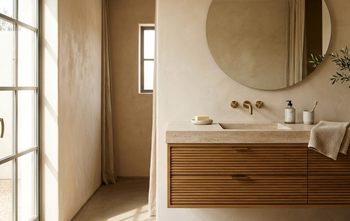 wall-mounted sink cabinet in fluted white oak with honed travertine countertop and integrated sink basin against a neutral plastered wall.