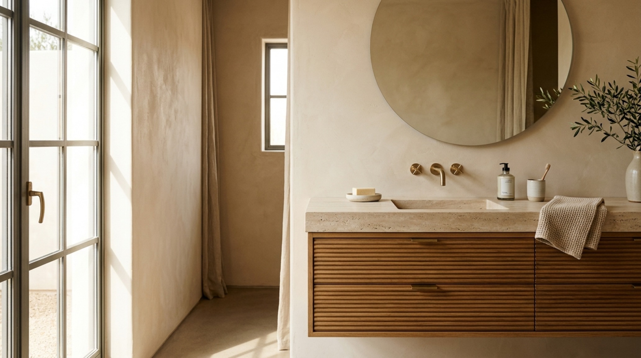 wall-mounted sink cabinet in fluted white oak with honed travertine countertop and integrated sink basin against a neutral plastered wall. wall-mounted sink cabinet in fluted white oak with honed travertine countertop and integrated sink basin against a neutral plastered wall.