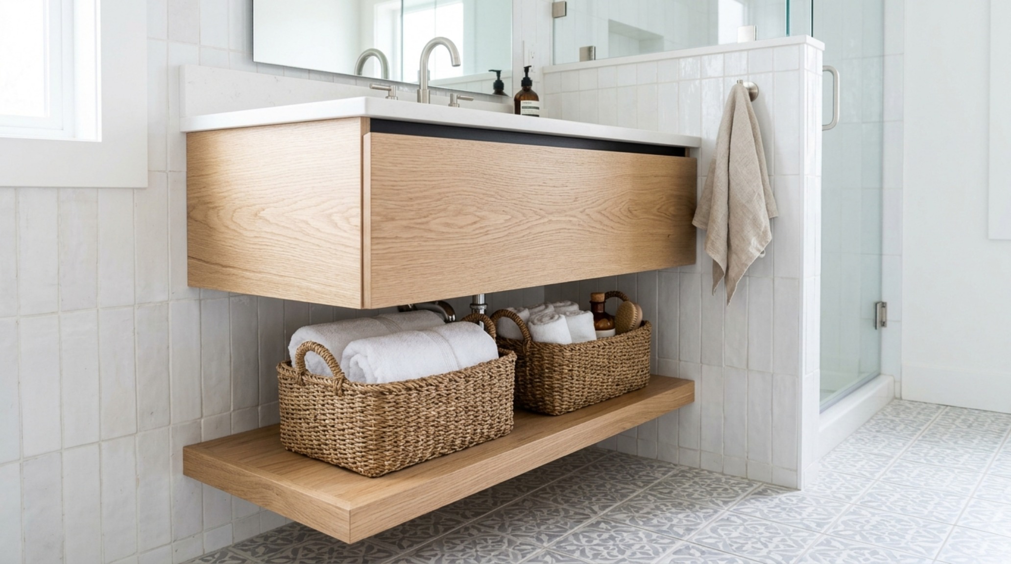 small bathroom storage hacks including a recessed mirrored cabinet and a secondary floating shelf beneath a wall-anchored vanity unit. small bathroom storage hacks including a recessed mirrored cabinet and a secondary floating shelf beneath a wall-anchored vanity unit.