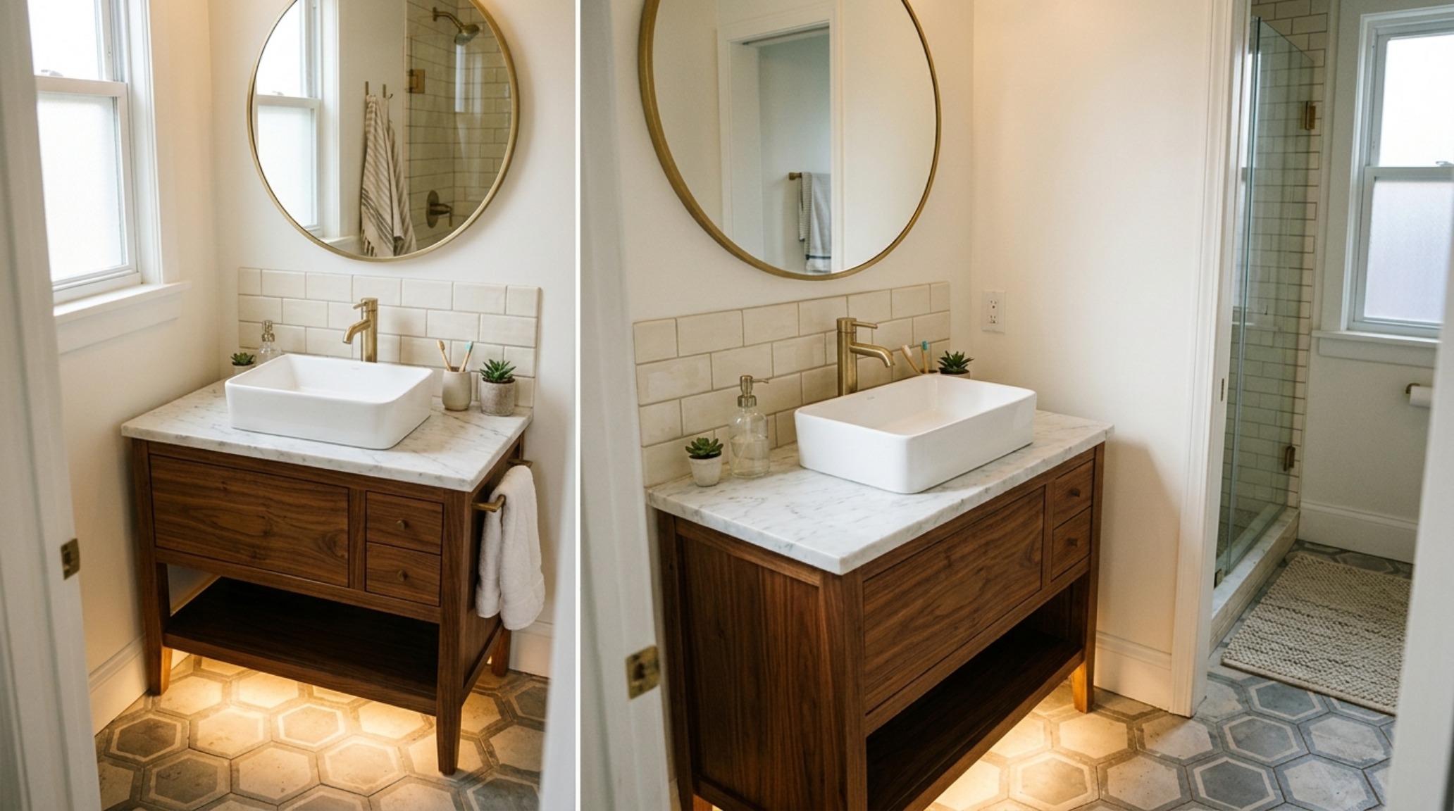 compact single sink vanity in rift-sawn walnut with a white marble top and 2700K under-cabinet LED strip lighting for spatial depth. compact single sink vanity in rift-sawn walnut with a white marble top and 2700K under-cabinet LED strip lighting for spatial depth.