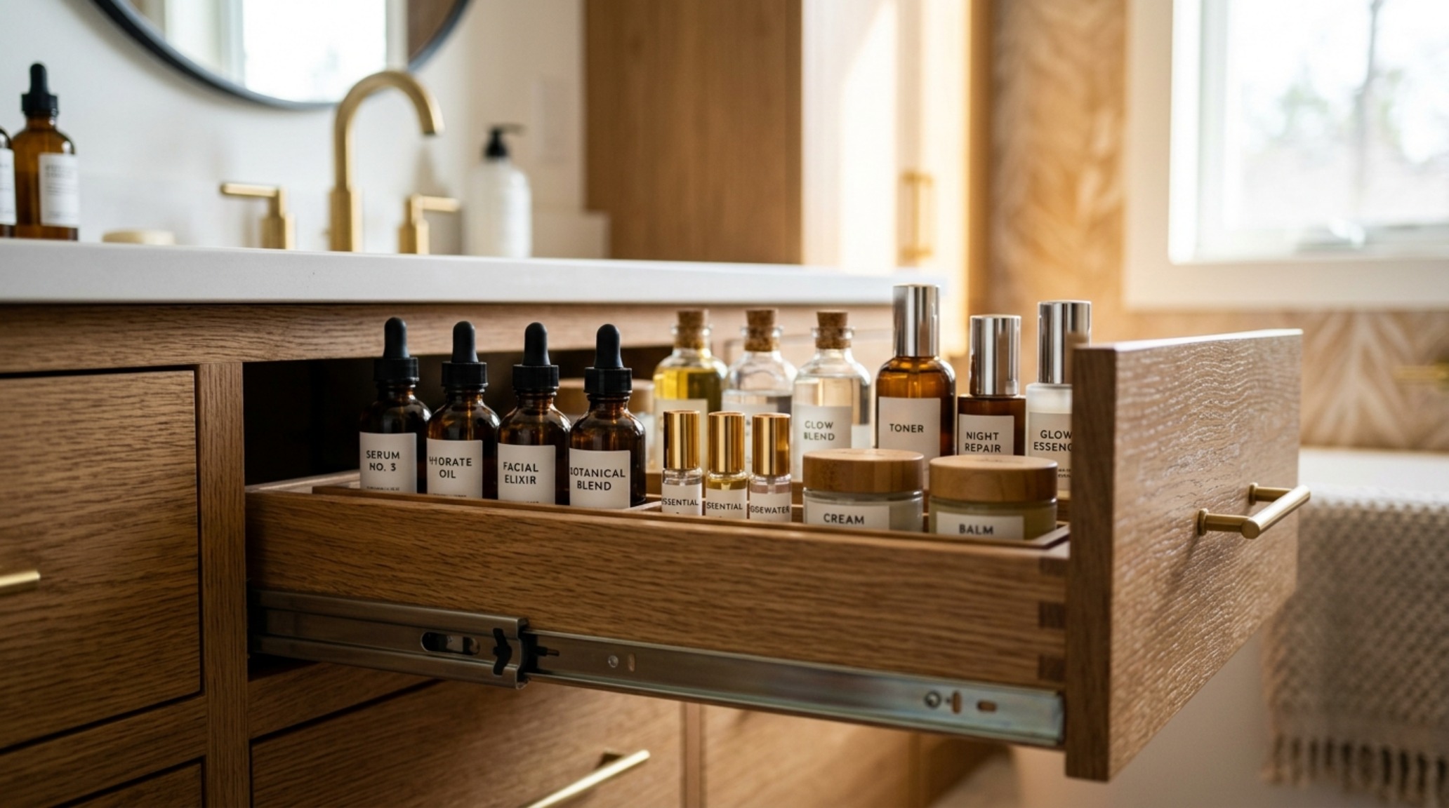 shallow bathroom vanity storage featuring custom drawer dividers for skincare and an integrated power outlet for hidden cord management. shallow bathroom vanity storage featuring custom drawer dividers for skincare and an integrated power outlet for hidden cord management.