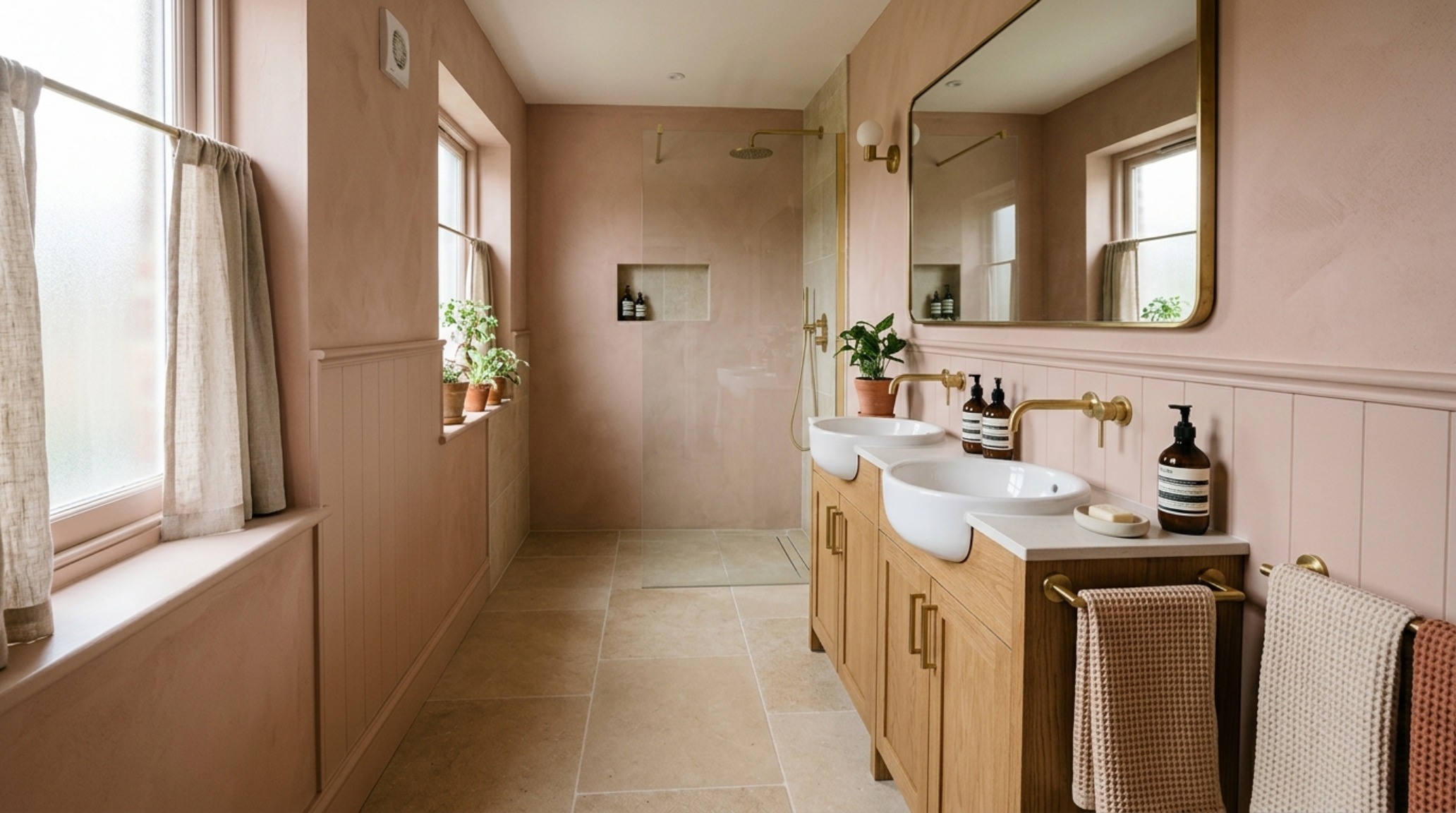 narrow depth vanity units in a light-filled apartment bathroom with large format tiles stretching across the continuous floor plane. narrow depth vanity units in a light-filled apartment bathroom with large format tiles stretching across the continuous floor plane.