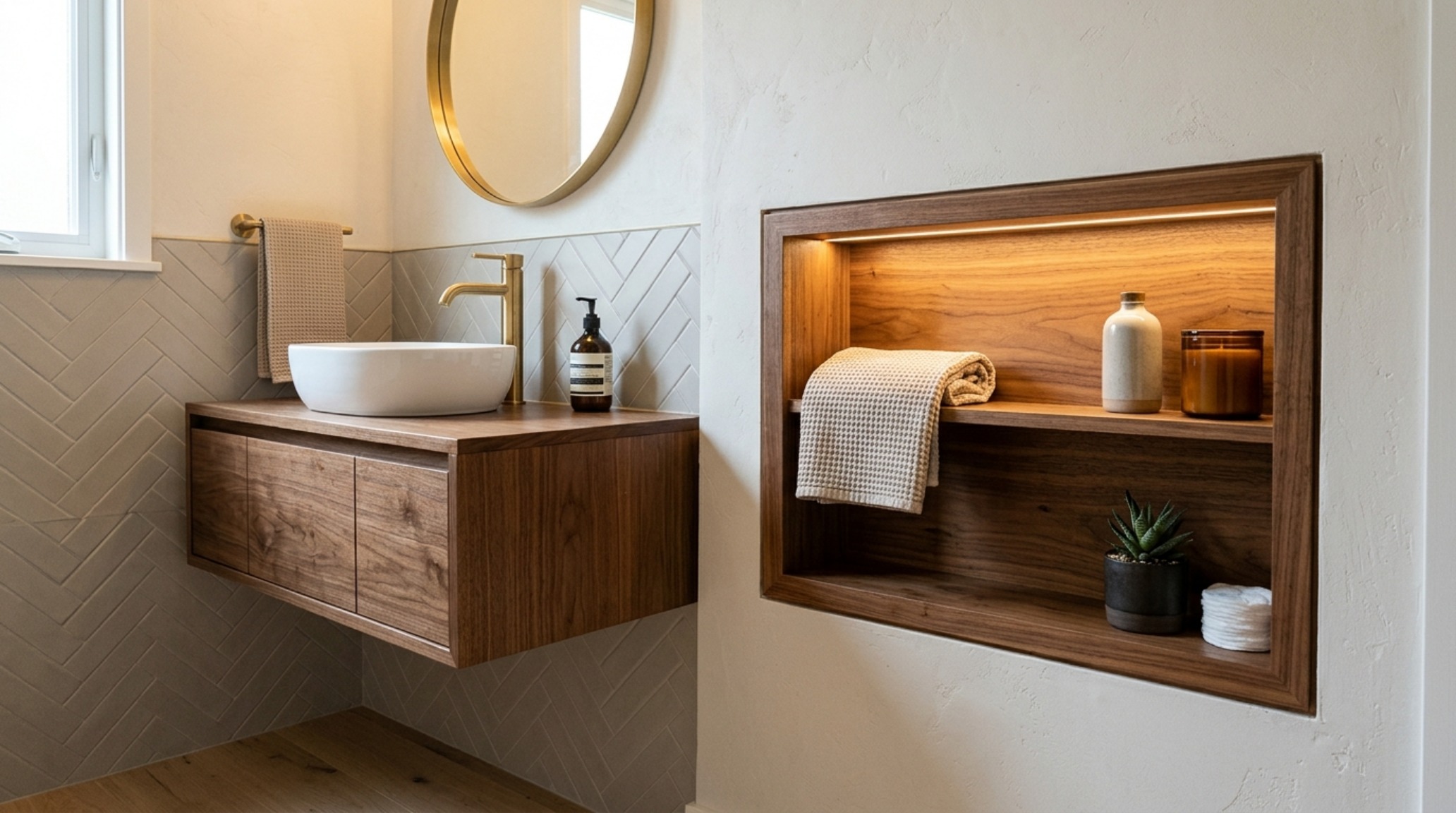 small bathroom storage hacks utilizing a built-in wall niche beside a floating wood vanity to maximize every inch of functional space. small bathroom storage hacks utilizing a built-in wall niche beside a floating wood vanity to maximize every inch of functional space.