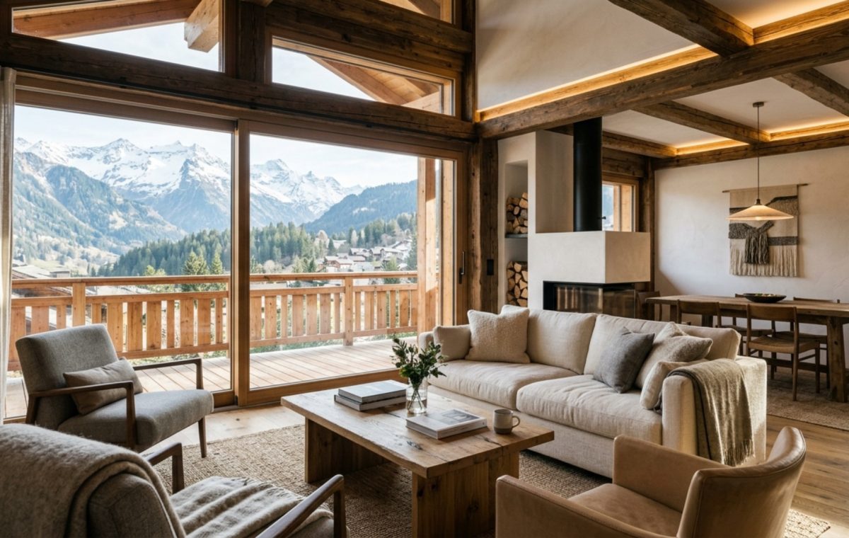 Swiss chalet interior style featuring a 'house within a house' design with wide-plank oak flooring and 2700K warm ambient lighting