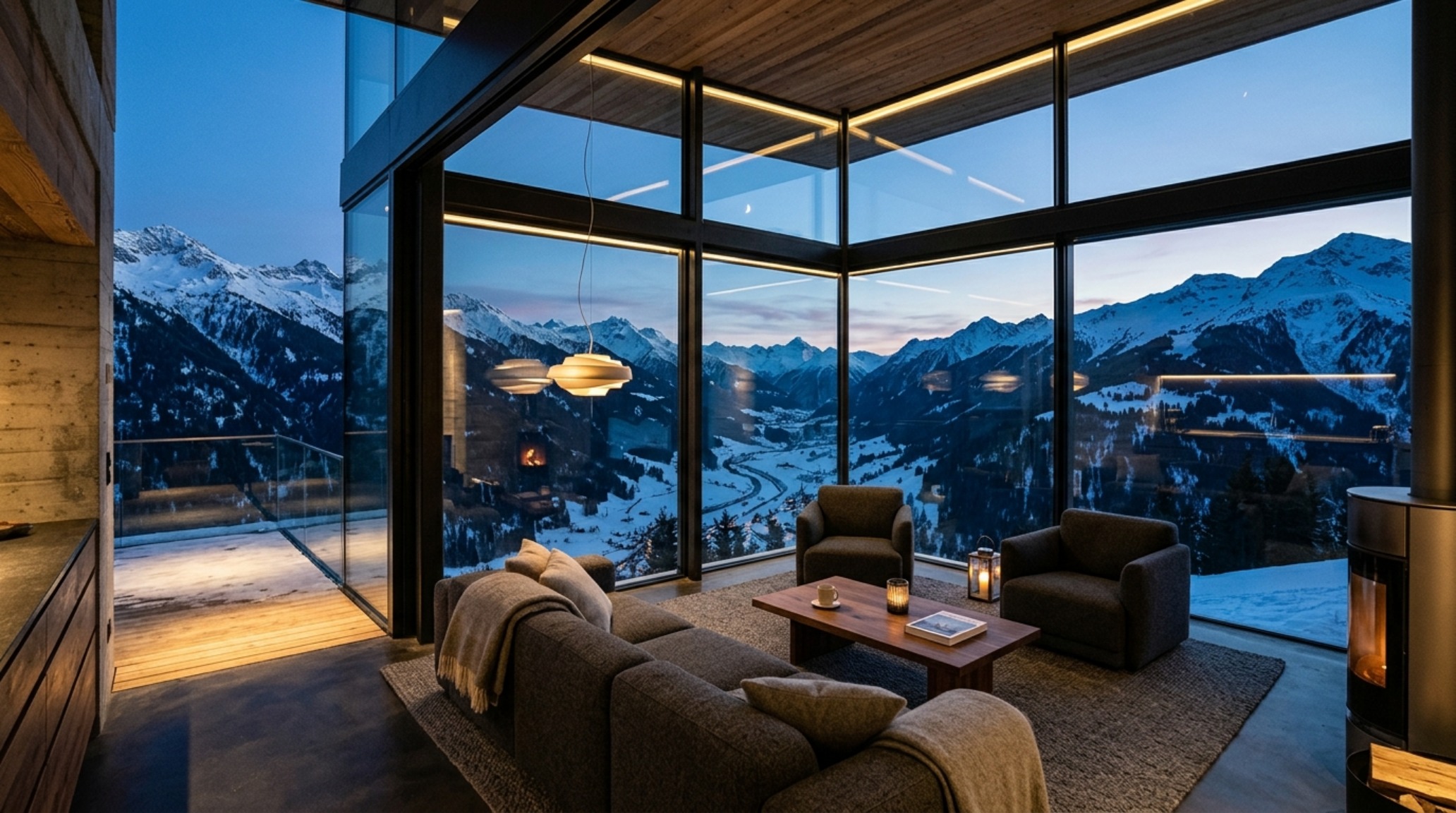 luxury ski lodge design showing a cantilevered glass living room suspended over a mountain valley with modular wool sofas