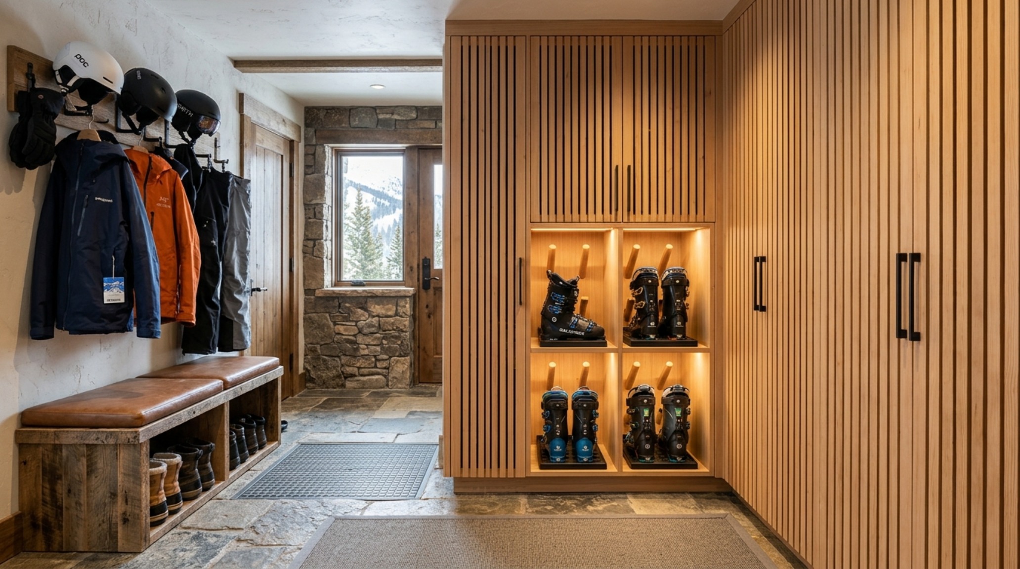 mountain cabin storage solutions with integrated larch-slat cabinetry and hidden gear racks for ski equipment