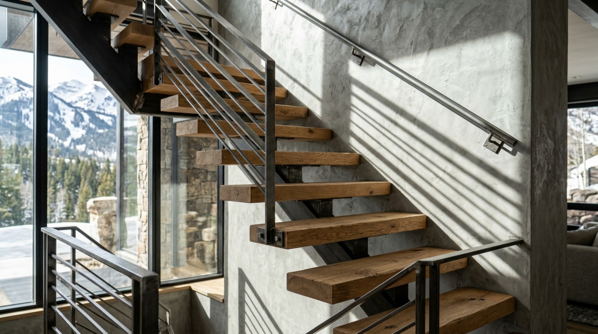 luxury ski lodge design highlighting a sculptural timber staircase with floating treads and concealed steel support