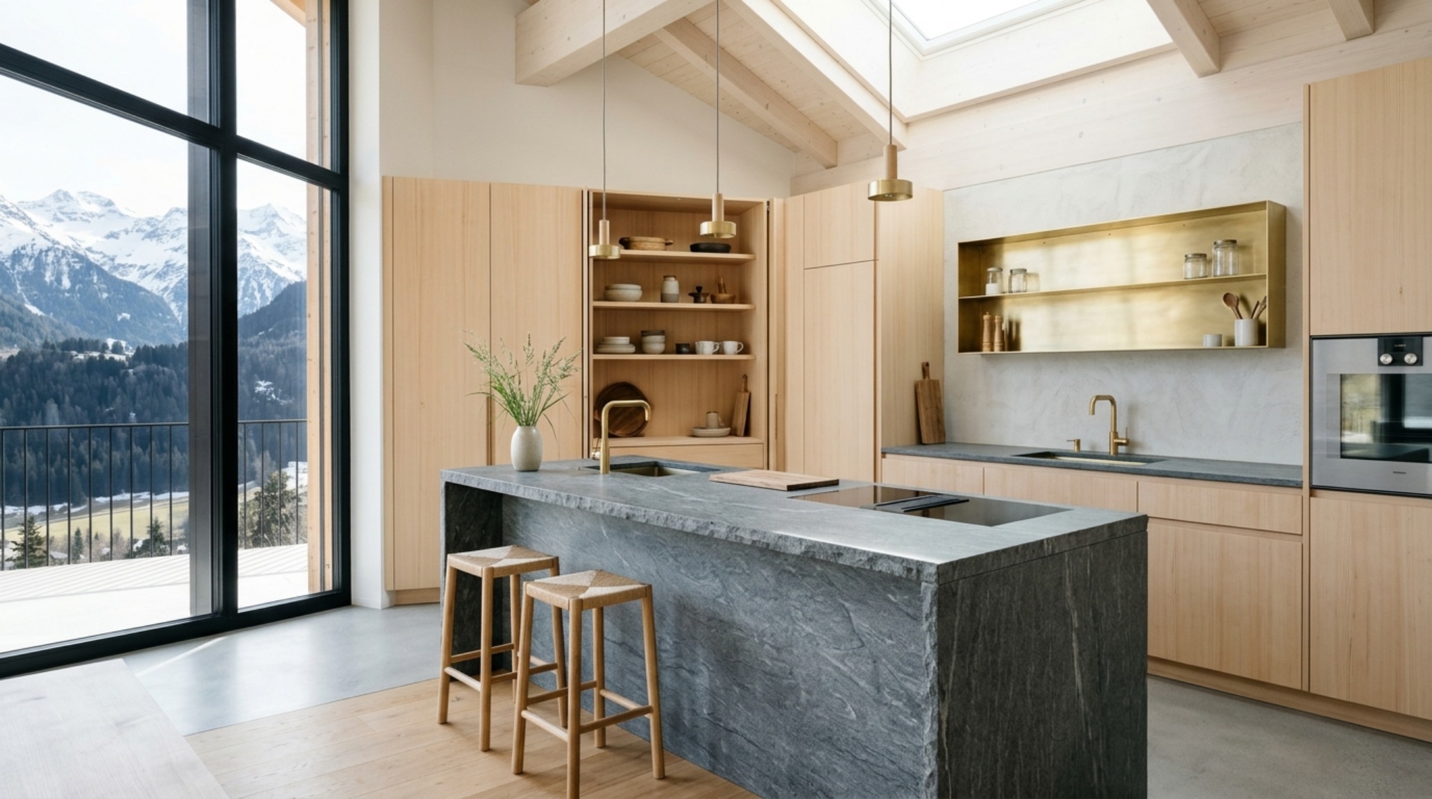 Swiss chalet interior style with a minimalist kitchen featuring Valser Quartzite countertops and high-CRI task lighting