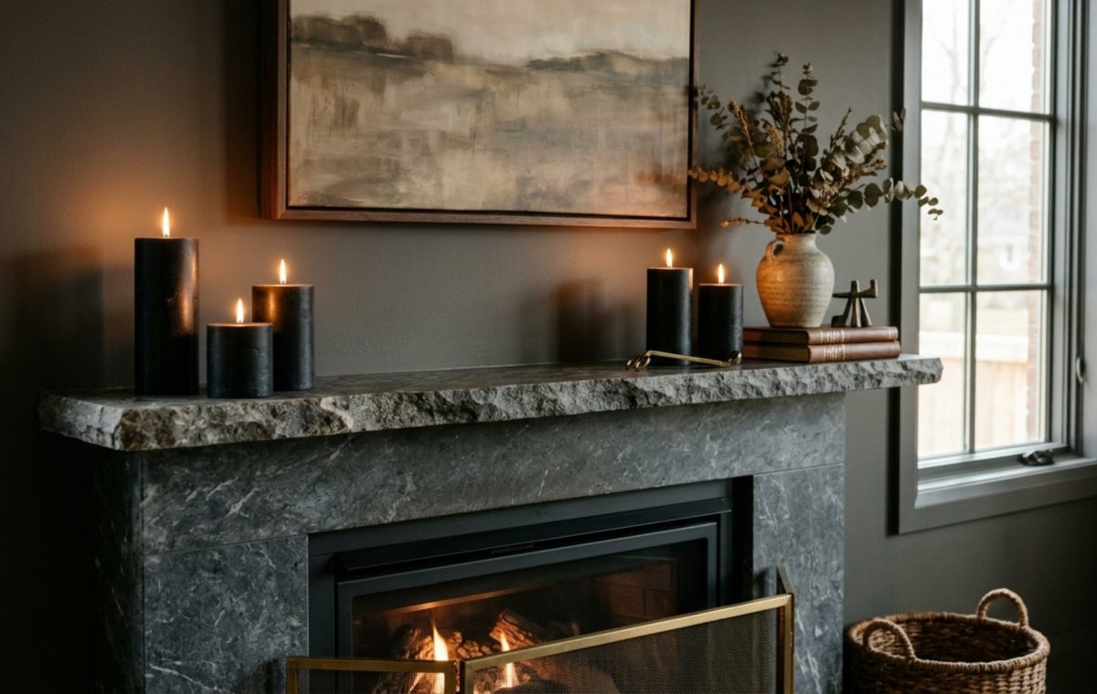 Luxe mantel arrangements featuring matte black pillar candles of varying heights and dried eucalyptus on a honed Nero Marquina marble fireplace.