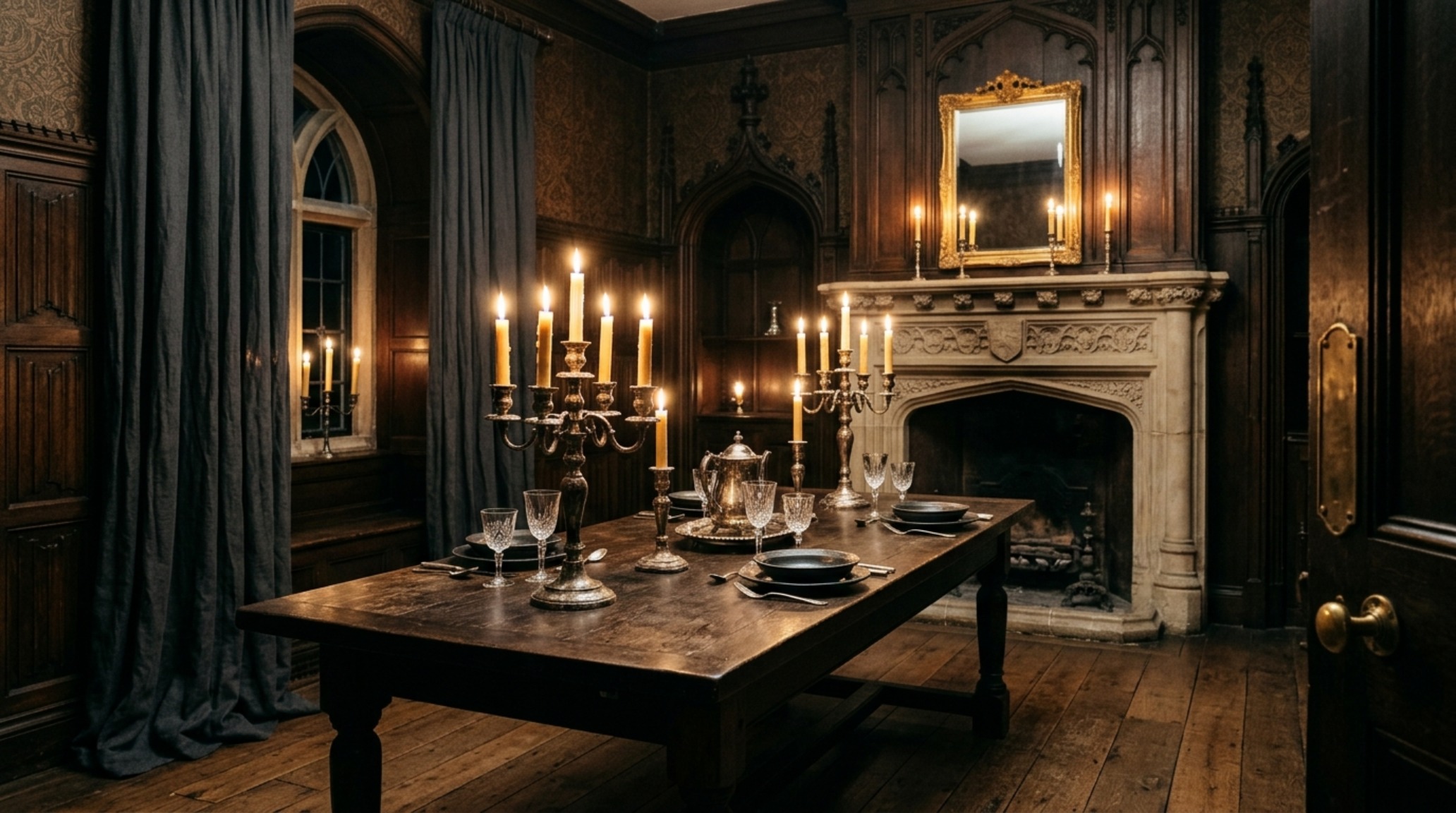 Victorian gothic materiality highlighted by tarnished silver trays and heavy linen napkins in a moody, candlelit dining room setting.