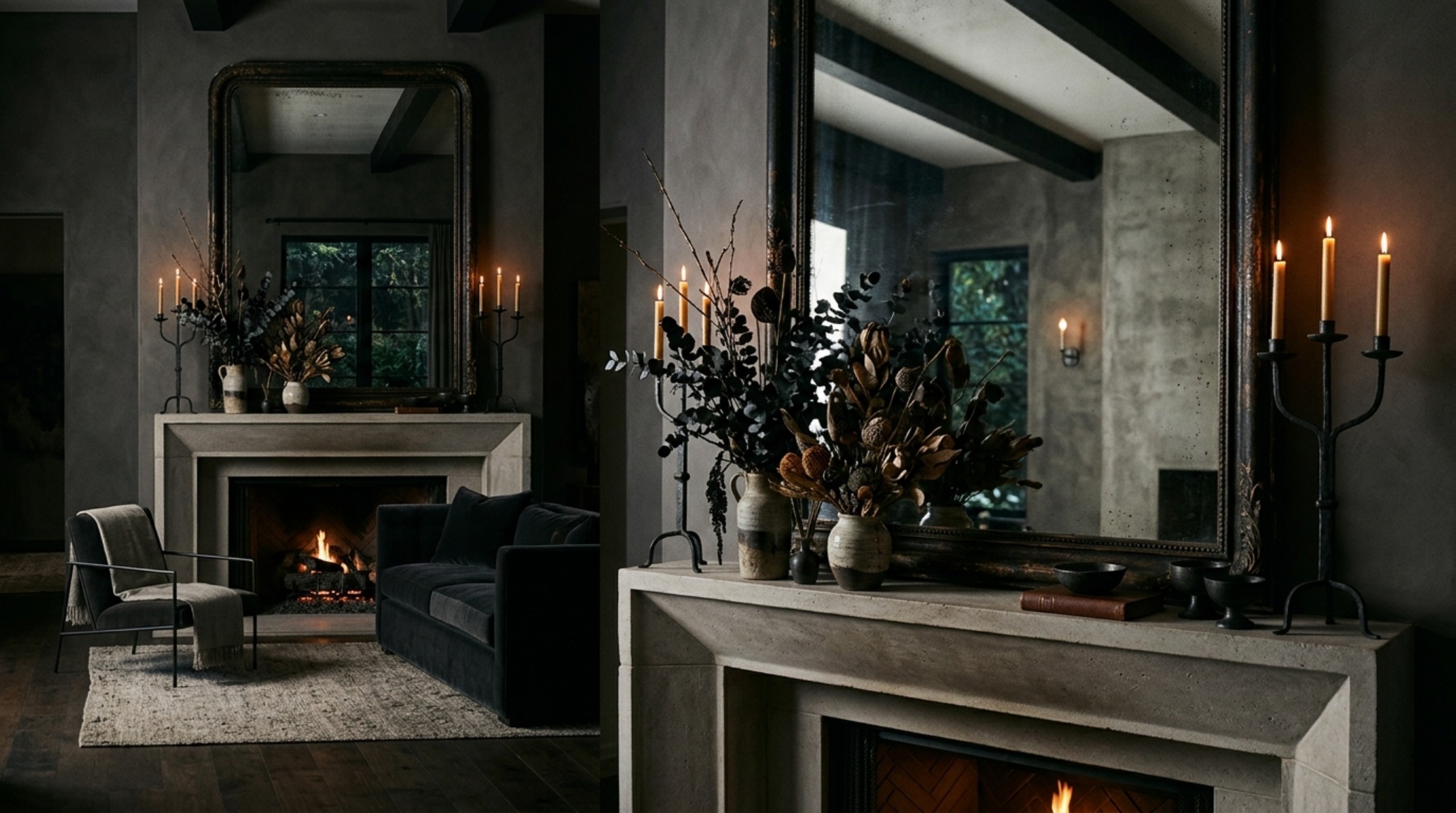 Luxe mantel arrangements with an oversized antique gilt mirror reflecting flickering beeswax tapers and architectural seed pods.