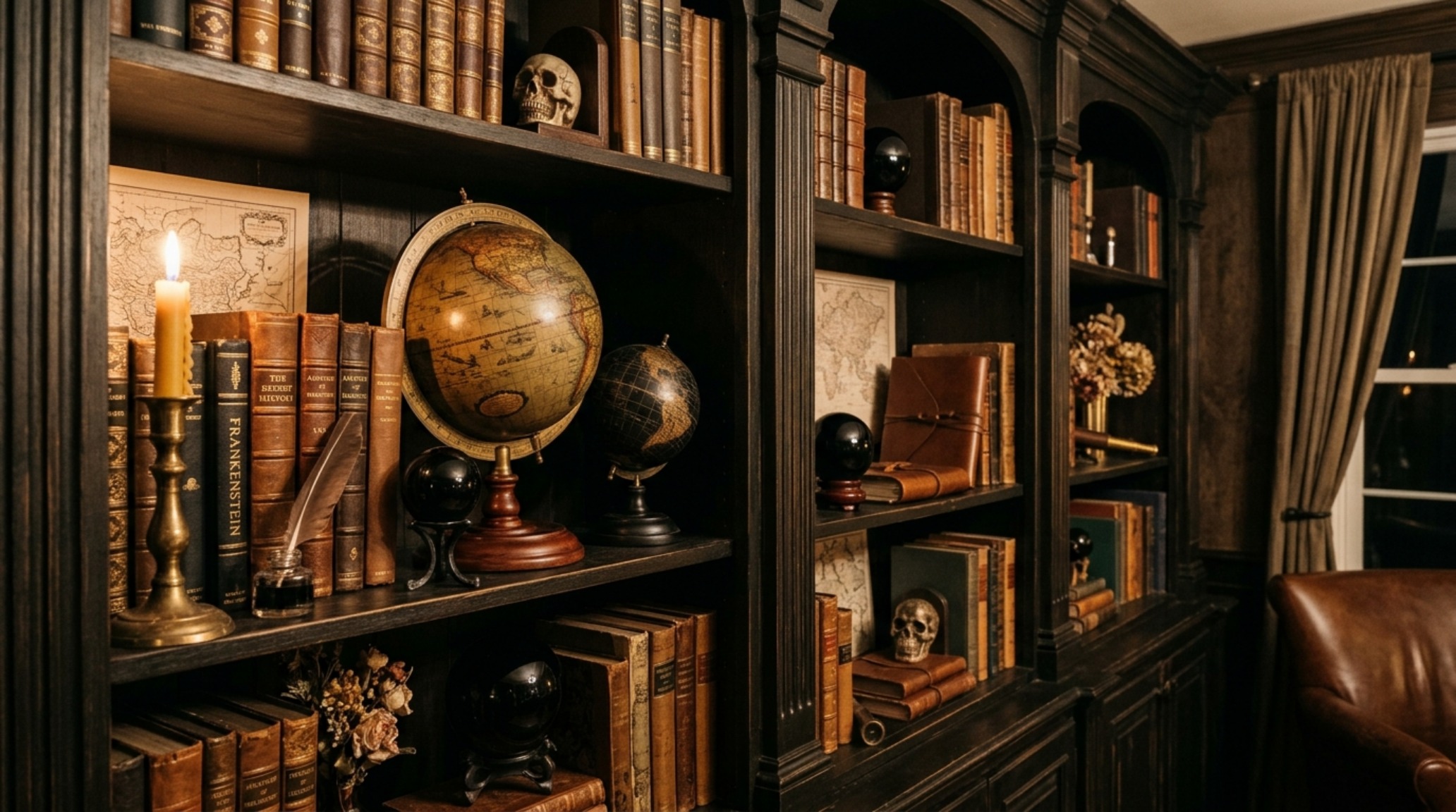 Dark academia home accents including leather-bound books and a brass astrolabe on a mahogany console table against a Swiss Coffee wall.