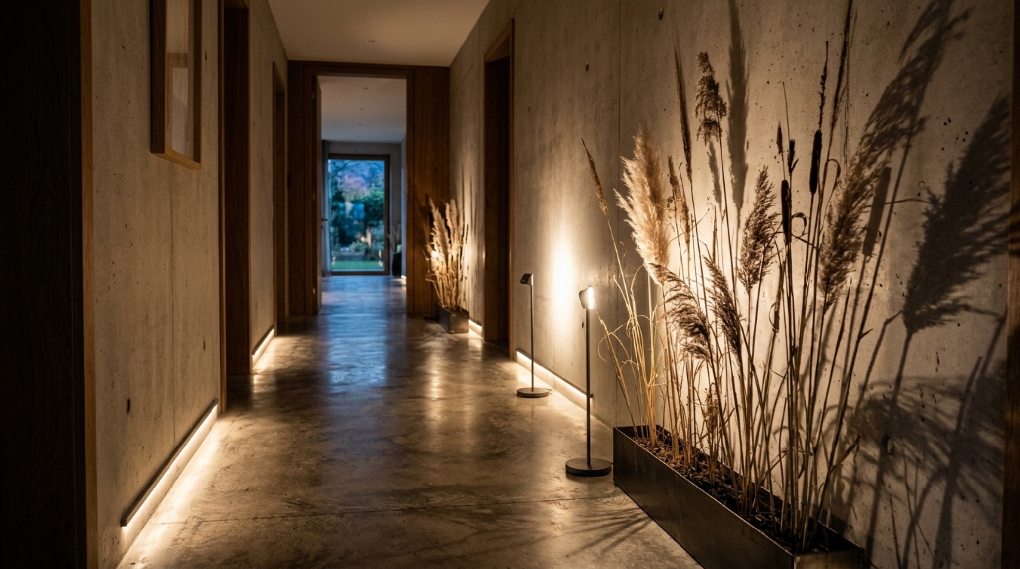 Atmospheric lighting design with concealed uplights creating skeletal silhouettes on a textured plaster wall in a minimalist hallway.
