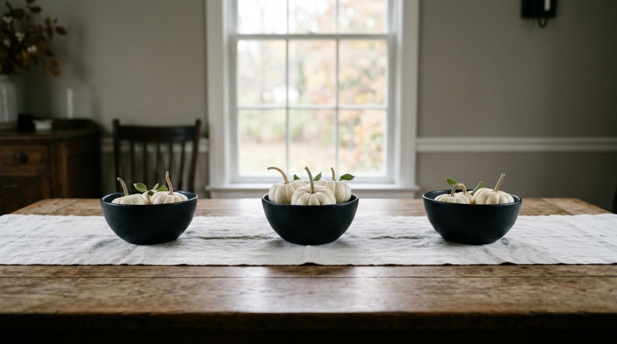 Minimalist halloween vignettes featuring a tall matte black vase with translucent lunaria branches on a pristine white kitchen island.