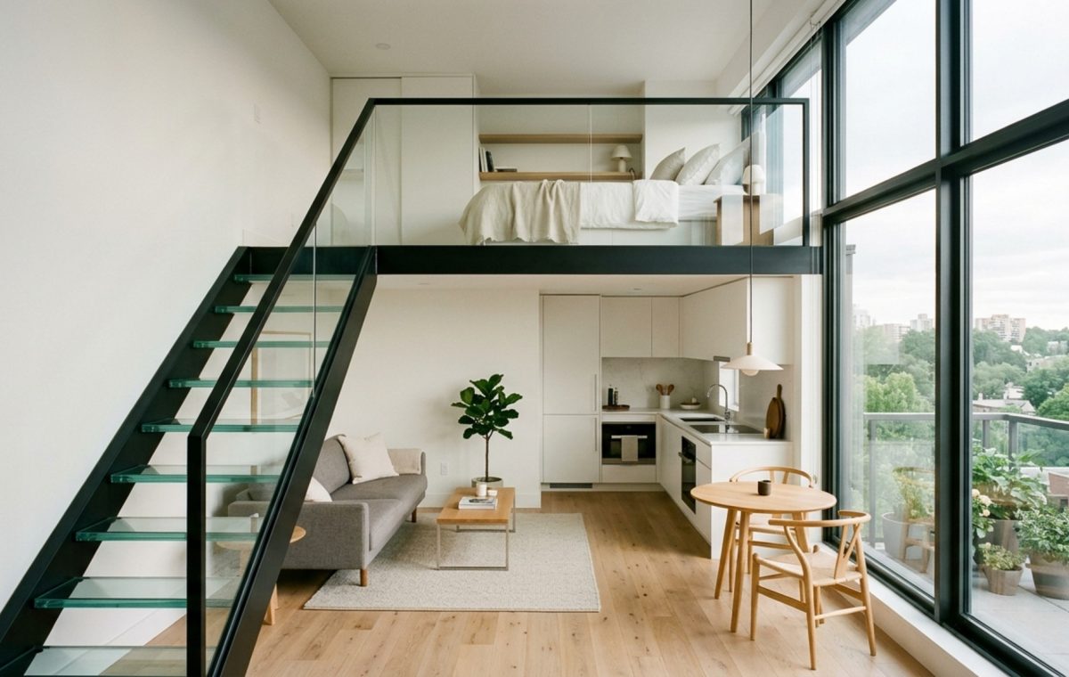 space-saving studio layout featuring a structural mezzanine sleeping loft with glass railings and light oak flooring in a high-ceiling urban apartment.