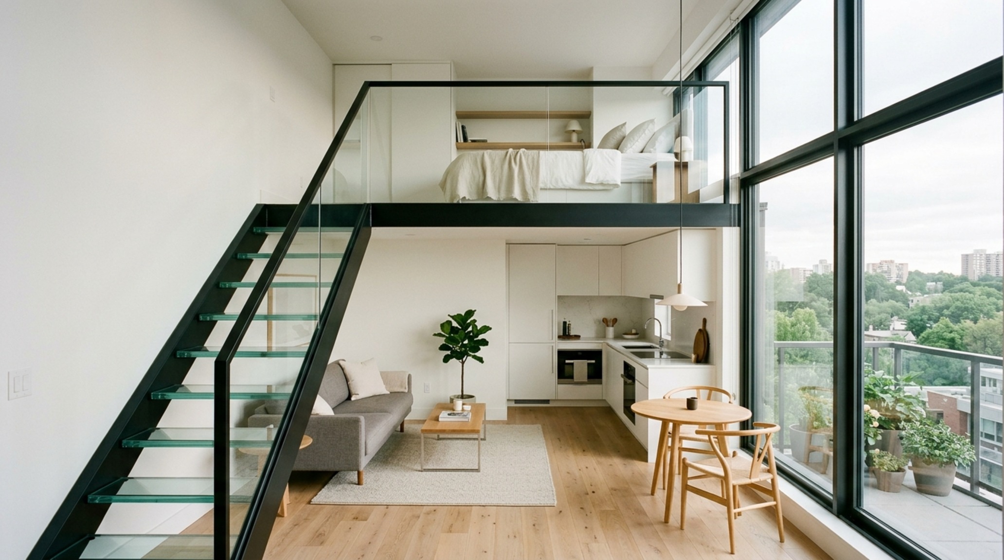 space-saving studio layout featuring a structural mezzanine sleeping loft with glass railings and light oak flooring in a high-ceiling urban apartment. space-saving studio layout featuring a structural mezzanine sleeping loft with glass railings and light oak flooring in a high-ceiling urban apartment.