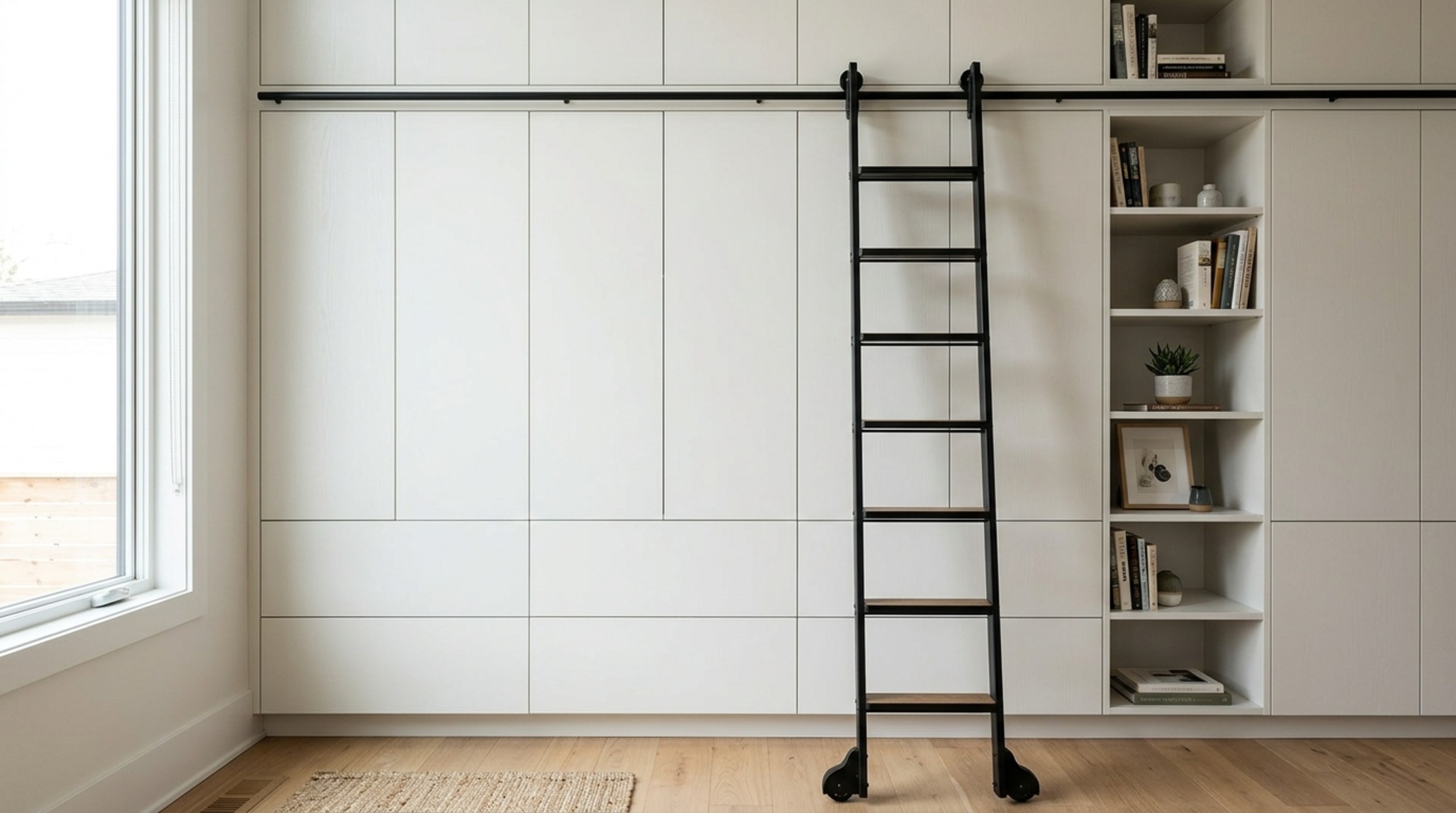 vertical storage hacks for rooms shown through custom floor-to-ceiling white lacquer cabinetry with integrated ladder and recessed finger pulls. vertical storage hacks for rooms shown through custom floor-to-ceiling white lacquer cabinetry with integrated ladder and recessed finger pulls.