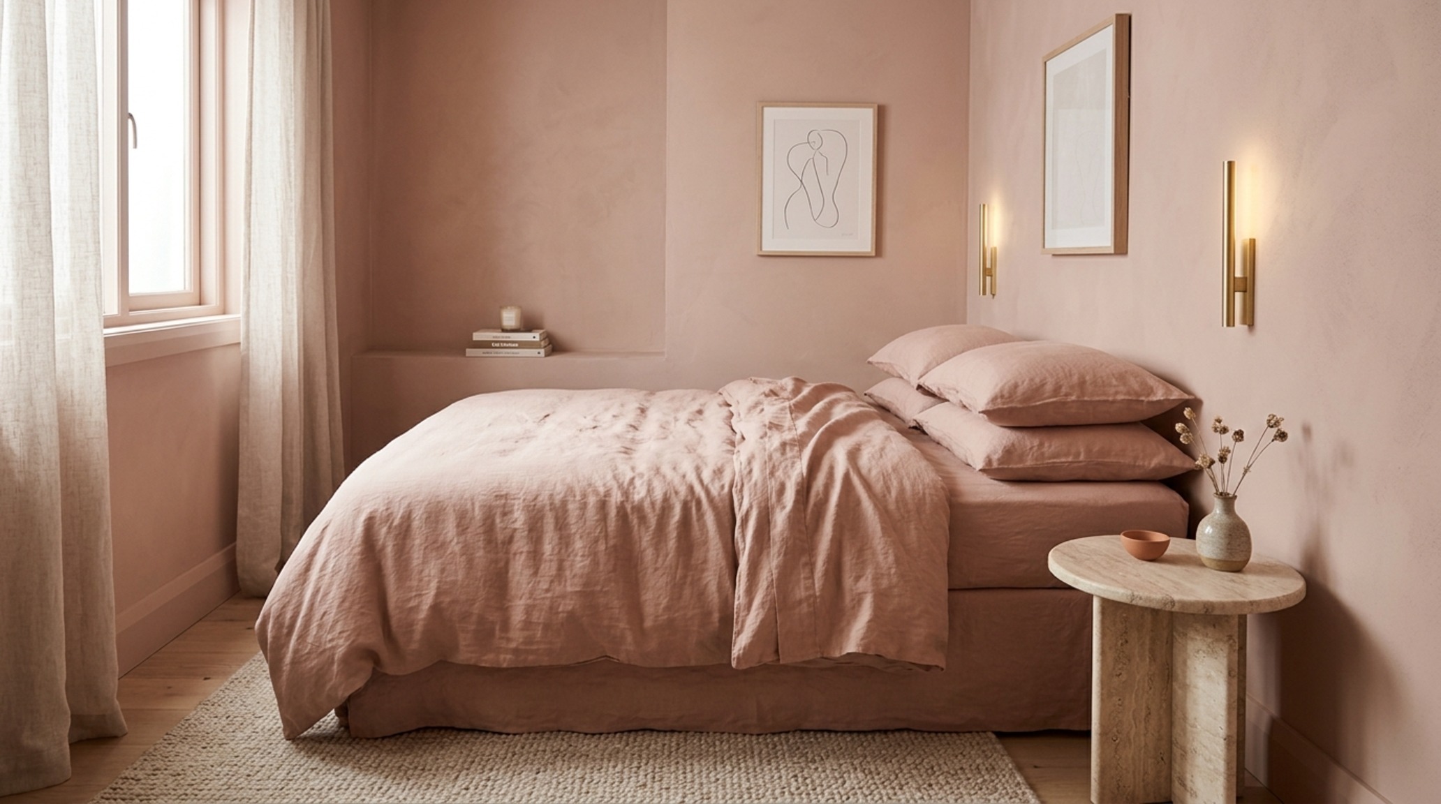 monochromatic design for small rooms using Farrow and Ball Setting Plaster on lime-wash walls with matching velvet textiles and tonal clay accessories. monochromatic design for small rooms using Farrow and Ball Setting Plaster on lime-wash walls with matching velvet textiles and tonal clay accessories.