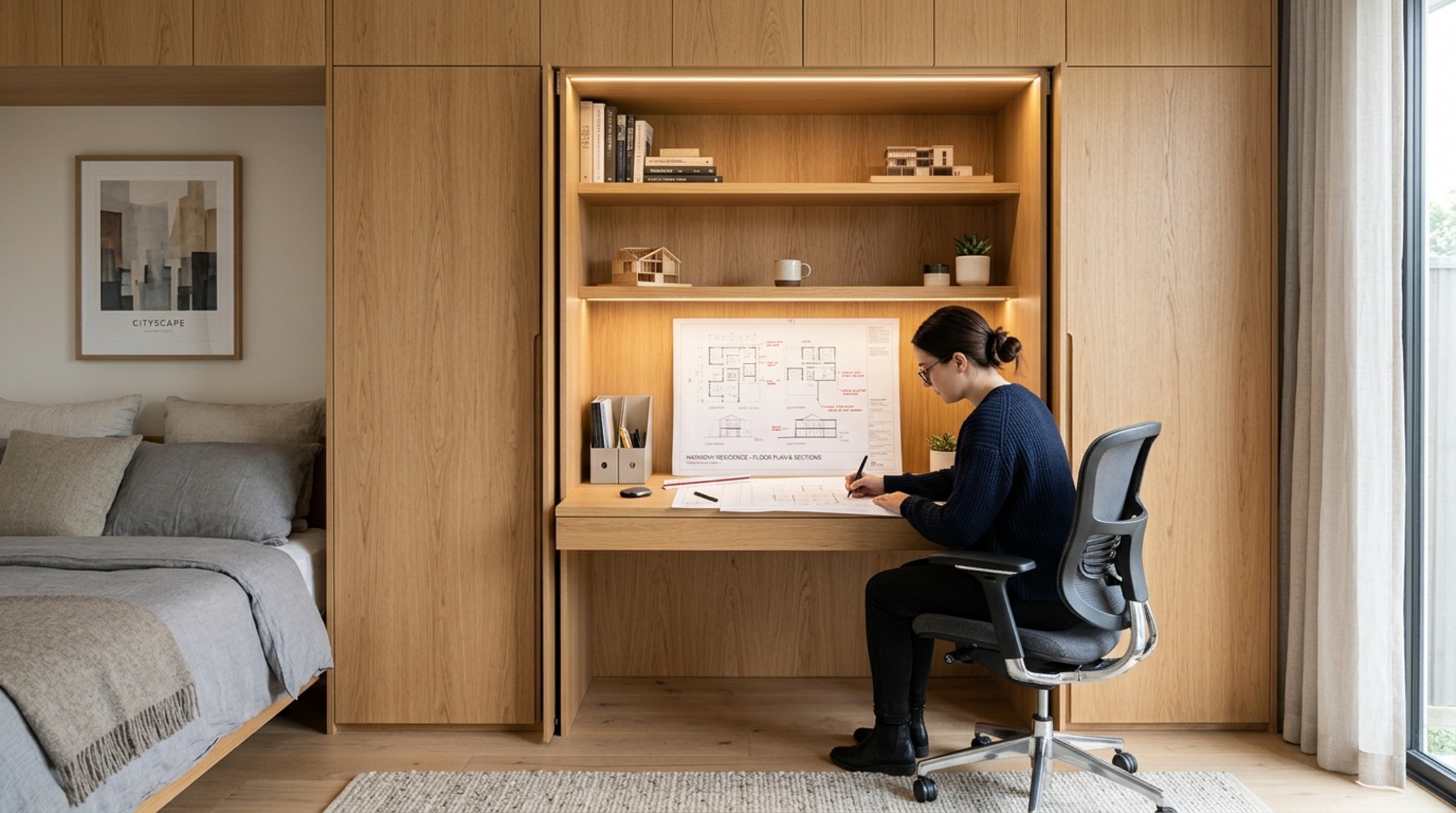 multipurpose bedroom office ideas featuring a hidden fold-down desk integrated into a fluted oak wall unit with 3000K task lighting. multipurpose bedroom office ideas featuring a hidden fold-down desk integrated into a fluted oak wall unit with 3000K task lighting.