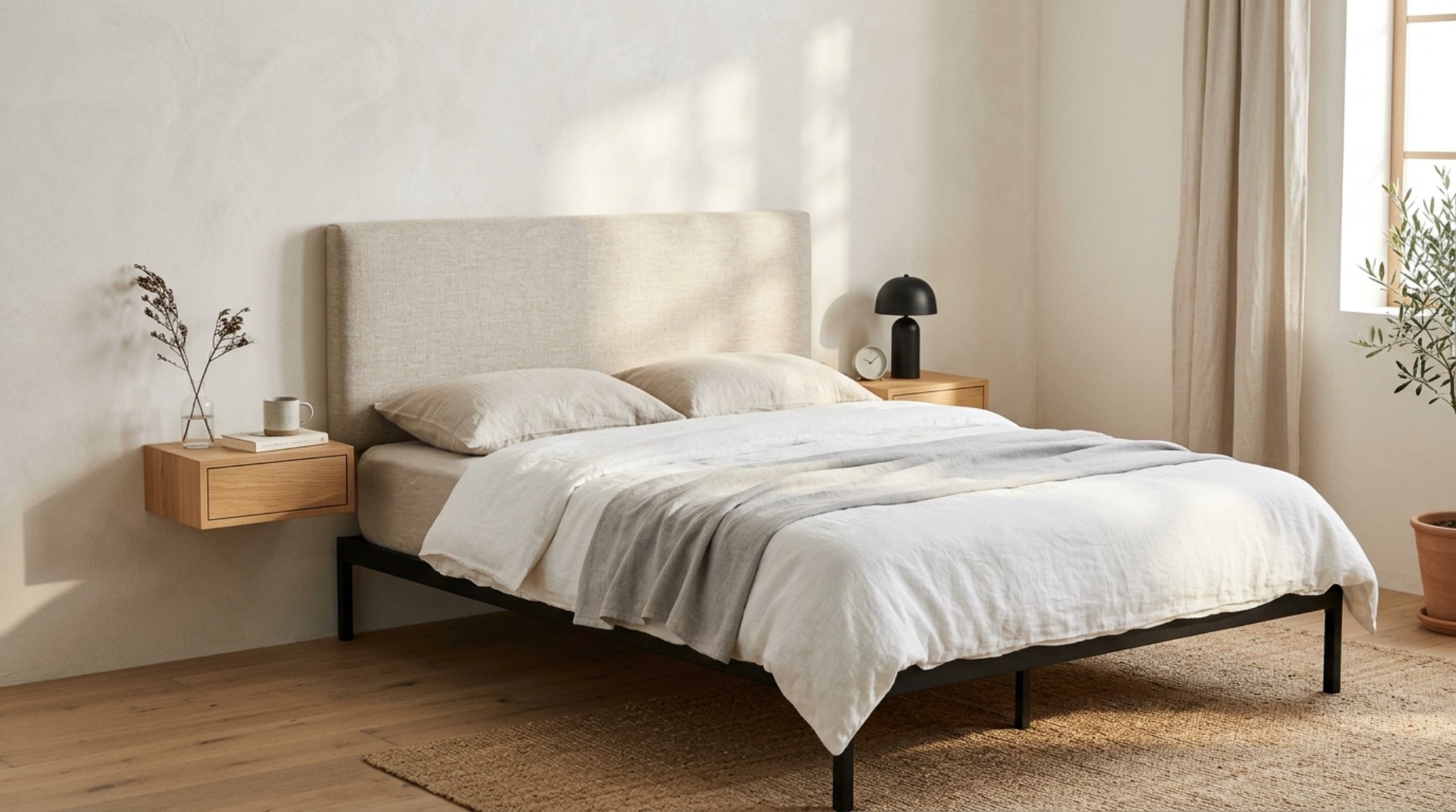 minimalist small bedroom furniture including a low-profile platform bed in walnut with wall-mounted floating nightstands and integrated brass sconces. minimalist small bedroom furniture including a low-profile platform bed in walnut with wall-mounted floating nightstands and integrated brass sconces.