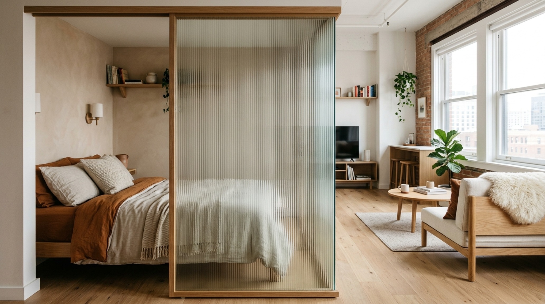 space-saving studio layout with a pivoting frosted glass partition wall separating a bedroom nook from a minimalist living area. space-saving studio layout with a pivoting frosted glass partition wall separating a bedroom nook from a minimalist living area.