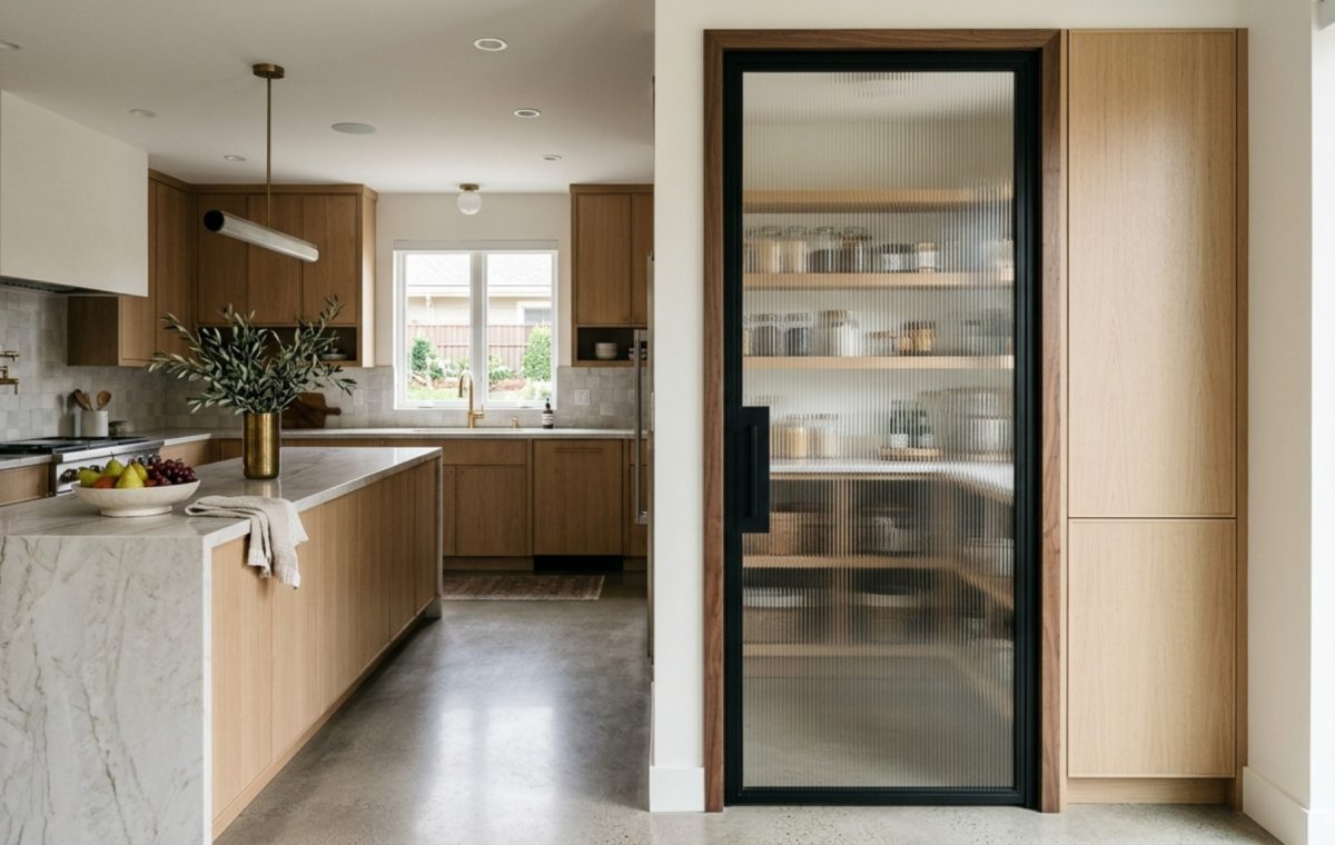 A narrow hallway view of a stylish pantry door with fluted glass and black steel frames, showing the architectural sightline into a bright kitchen.