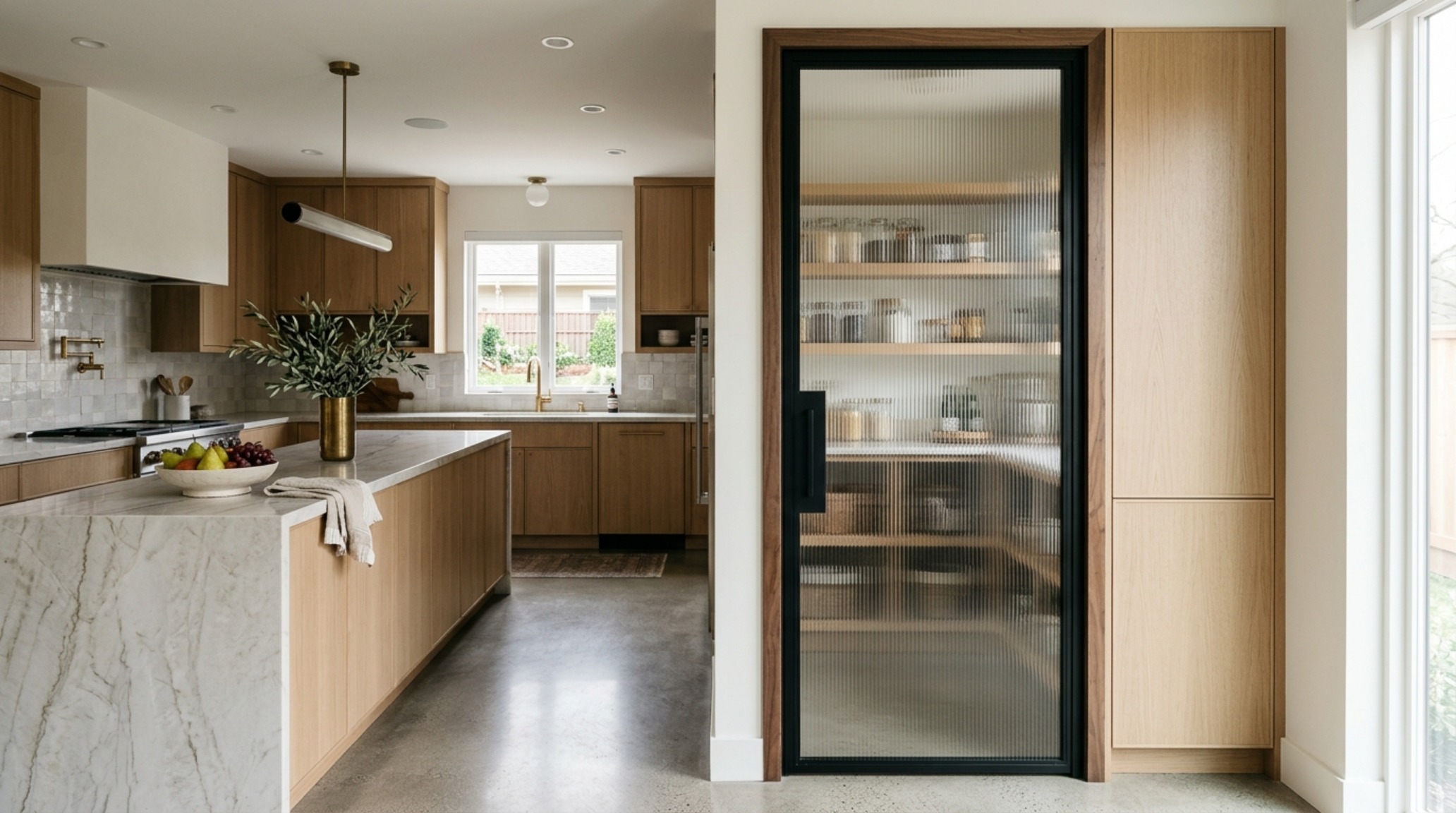 A narrow hallway view of a stylish pantry door with fluted glass and black steel frames, showing the architectural sightline into a bright kitchen. A narrow hallway view of a stylish pantry door with fluted glass and black steel frames, showing the architectural sightline into a bright kitchen.