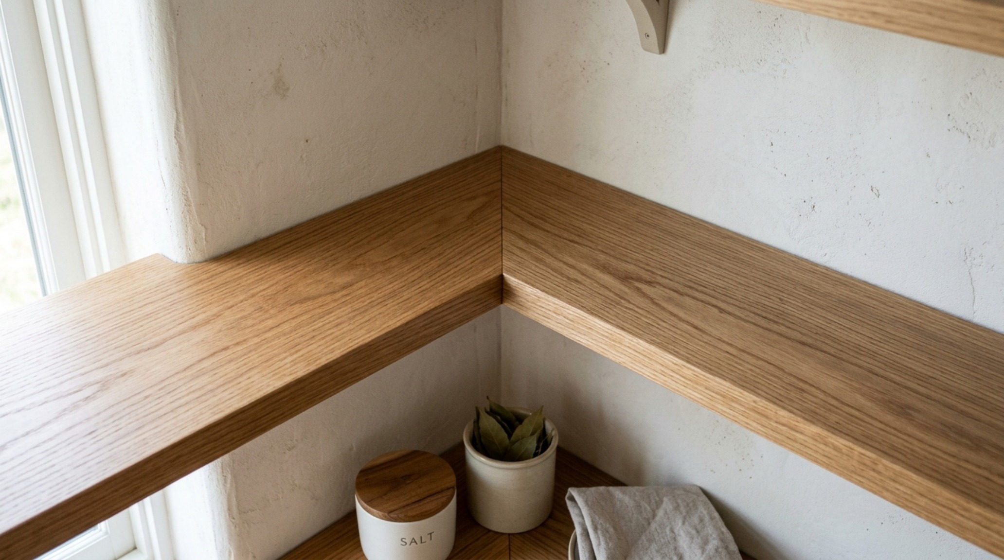 Detailed joinery of white oak corner shelving inside a pantry, highlighting the precision and material continuity of a professional design. Detailed joinery of white oak corner shelving inside a pantry, highlighting the precision and material continuity of a professional design.