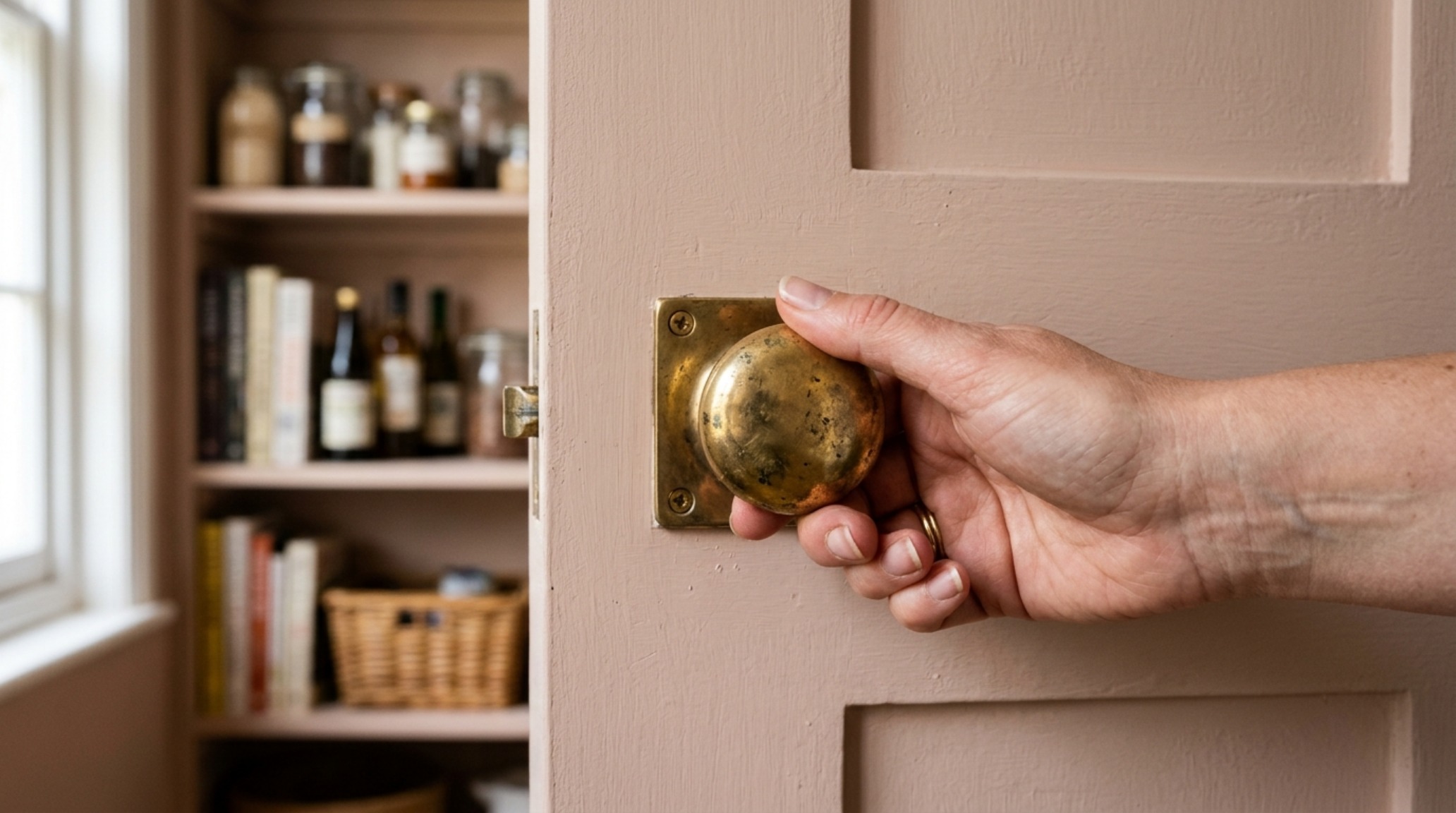 A detailed shot of unlacquered brass hardware on a pantry door painted in Farrow & Ball Setting Plaster, emphasizing tactile materiality. A detailed shot of unlacquered brass hardware on a pantry door painted in Farrow & Ball Setting Plaster, emphasizing tactile materiality.