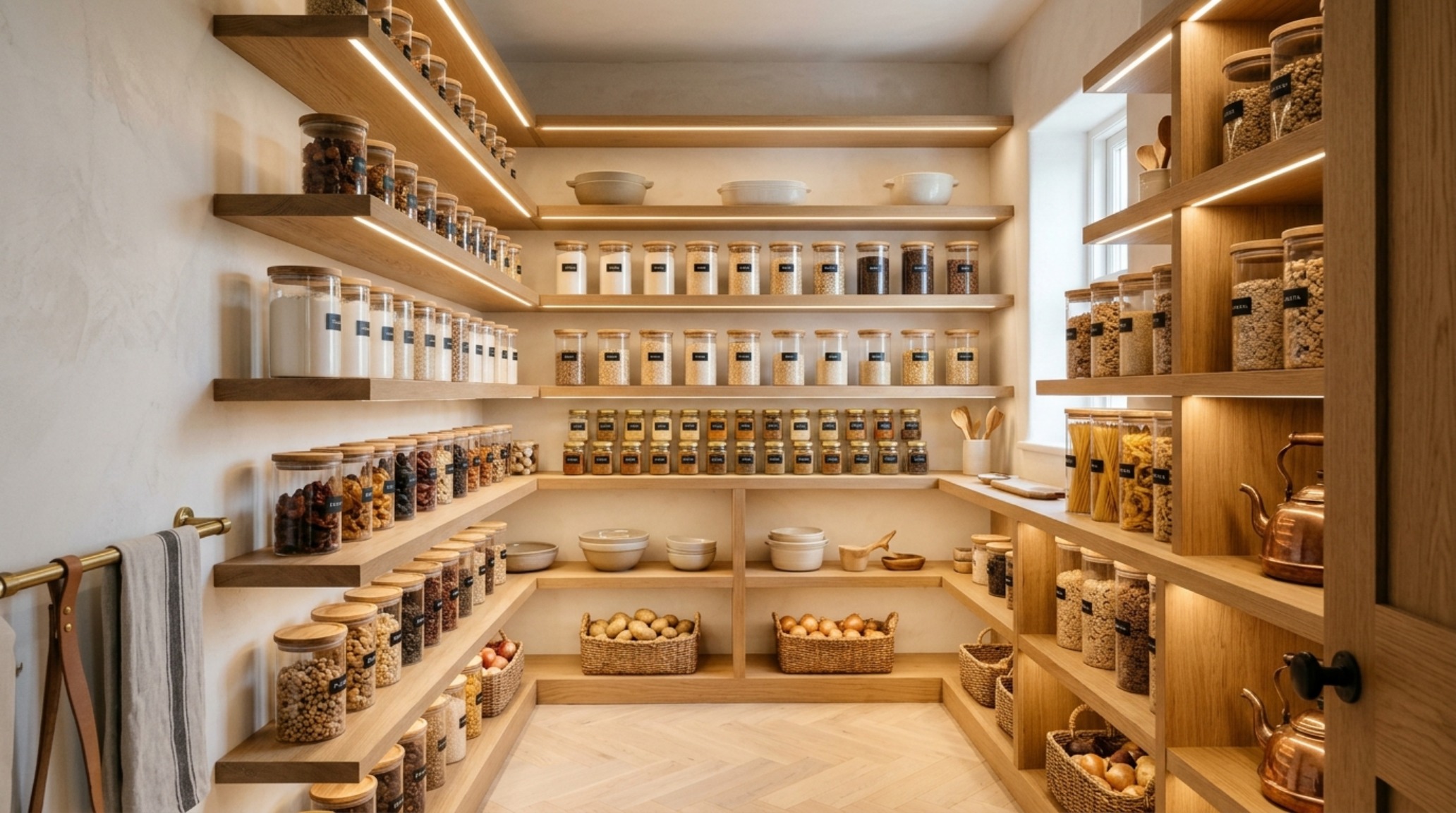 Internal view of a pantry with white oak shelving and integrated 3000K task lighting, illustrating small pantry organization ideas for dry goods. Internal view of a pantry with white oak shelving and integrated 3000K task lighting, illustrating small pantry organization ideas for dry goods.