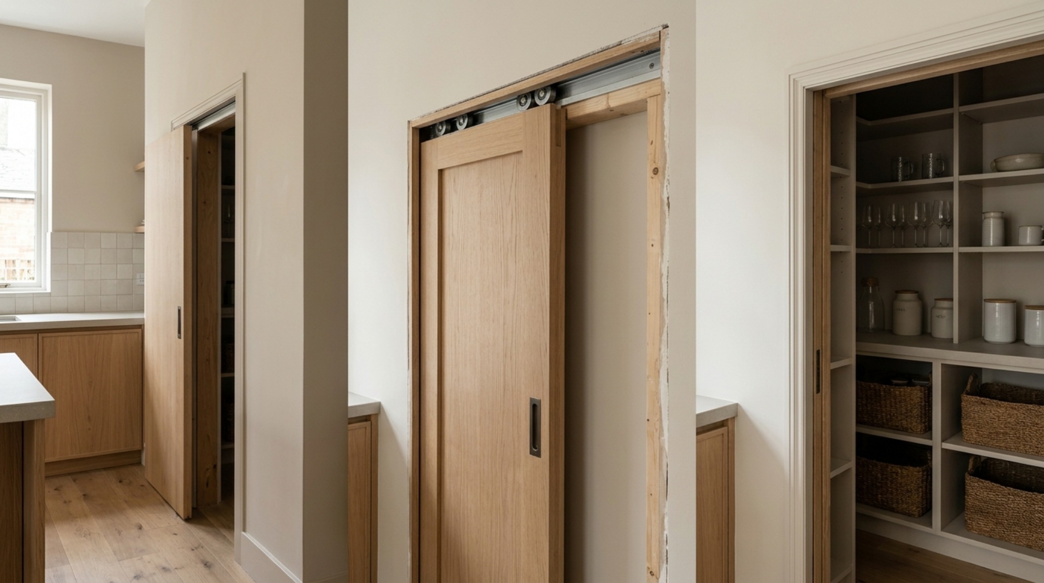 A sleek sliding pocket door mechanism in a modern kitchen, demonstrating space-saving small pantry organization ideas layout and ergonomics. A sleek sliding pocket door mechanism in a modern kitchen, demonstrating space-saving small pantry organization ideas layout and ergonomics.