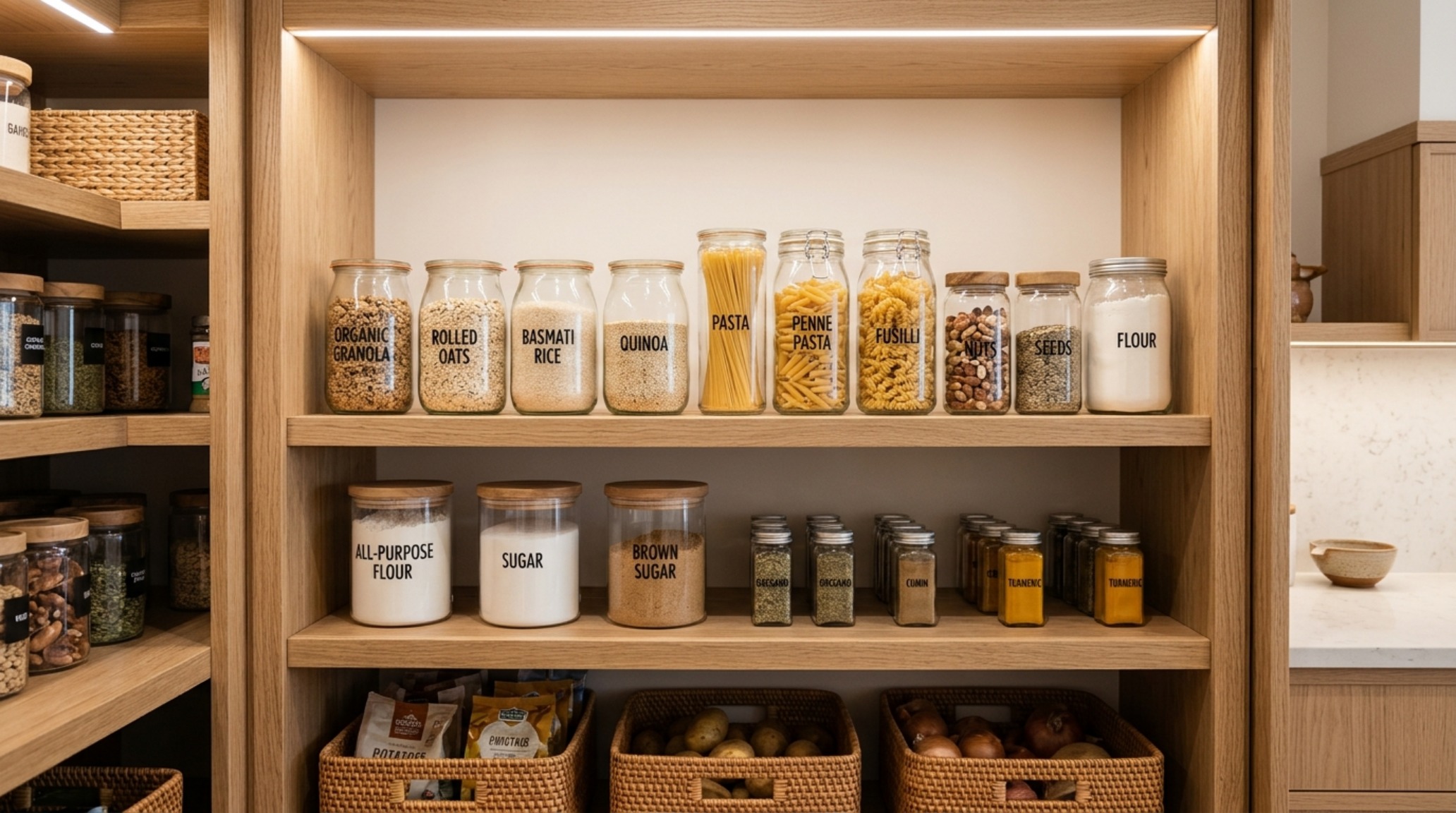 Close-up of the 'Golden Zone' shelves in a pantry, showing 15-inch depth and clear glass canisters for optimal small pantry organization ideas ergonomics. Close-up of the 'Golden Zone' shelves in a pantry, showing 15-inch depth and clear glass canisters for optimal small pantry organization ideas ergonomics.