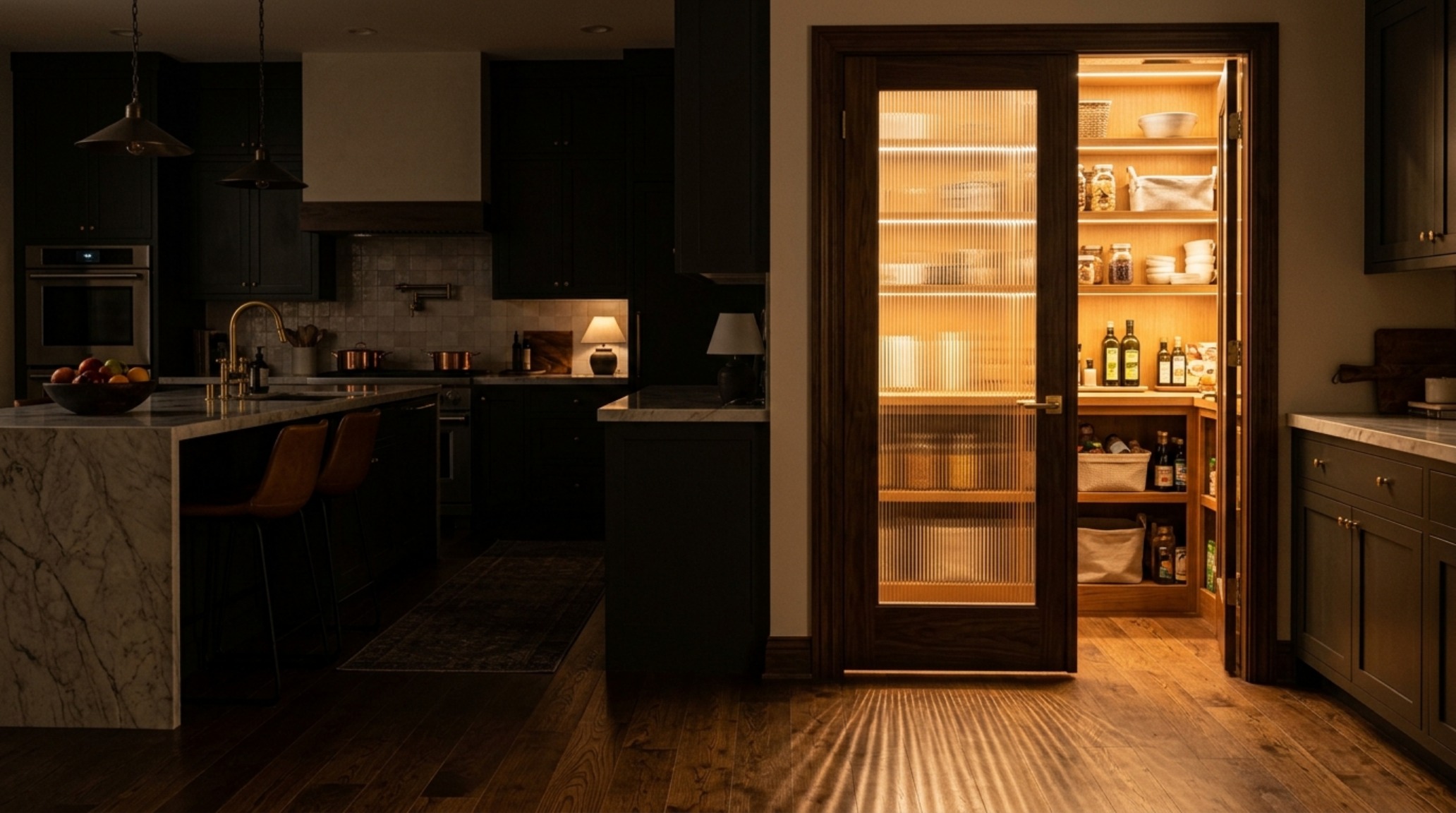 Evening shot of a pantry with 2700K warm ambient lighting glowing through a reeded glass door, highlighting shadow play and architectural depth. Evening shot of a pantry with 2700K warm ambient lighting glowing through a reeded glass door, highlighting shadow play and architectural depth.