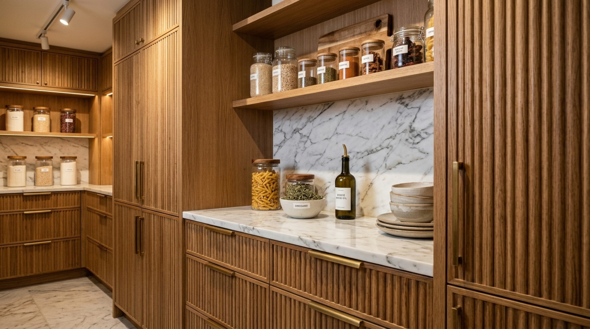 Luxury pantry interior featuring Calacatta Viola marble countertops and fluted oak drawers for high-end small pantry organization ideas storage. Luxury pantry interior featuring Calacatta Viola marble countertops and fluted oak drawers for high-end small pantry organization ideas storage.