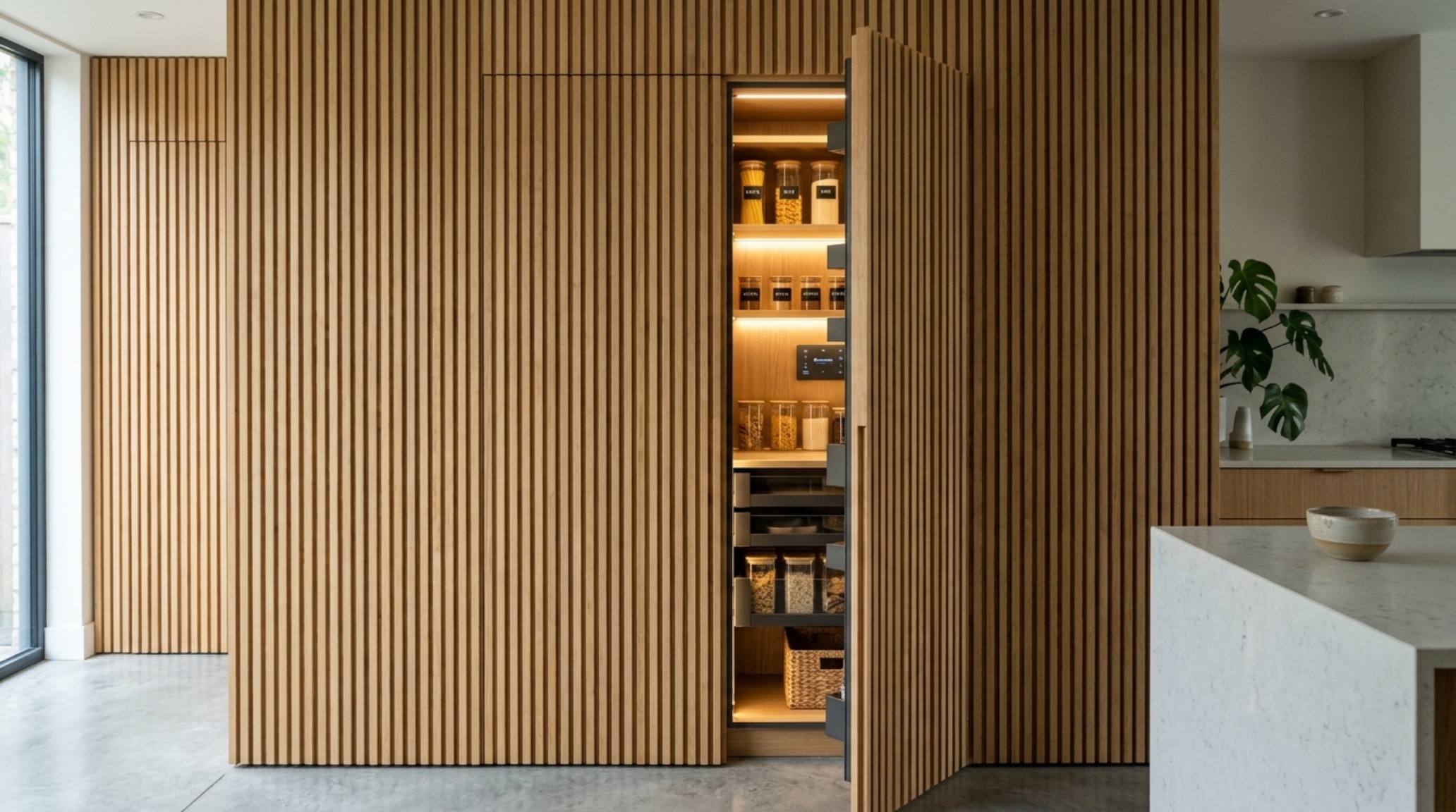 View of a hidden pantry door that blends seamlessly into kitchen wall paneling, showcasing a minimalist small pantry organization ideas architecture. View of a hidden pantry door that blends seamlessly into kitchen wall paneling, showcasing a minimalist small pantry organization ideas architecture.